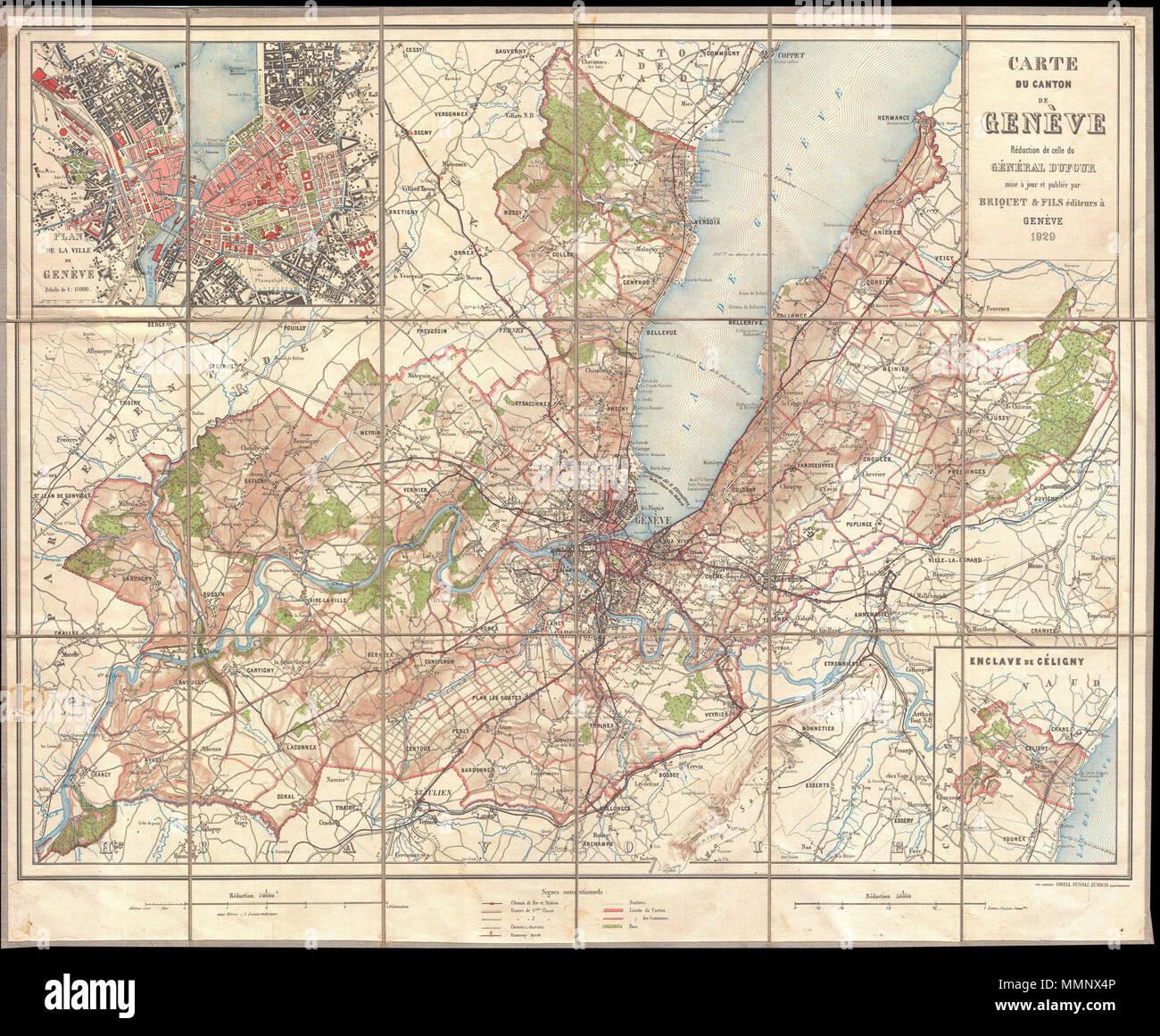 Englisch: eine seltene 1929 pocket Ausgabe Karte der Canton de Geneve oder  der Kanton Genf. Deckt sie Stadt Genf, Schweiz, sowie viel auf die Umgebung  und einen erheblichen Teil des Genfer