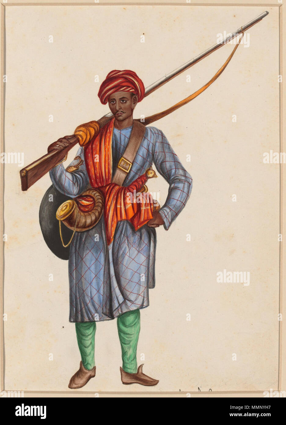. Englisch: ein Gemälde eines Mughal Infanterist; eine von siebzehn Zeichnungen Darstellung Kasten und Besetzung. . Ca. 1850 (gemacht). Unbekannt (Produktion) 21A Mughal Infanterist Stockfoto