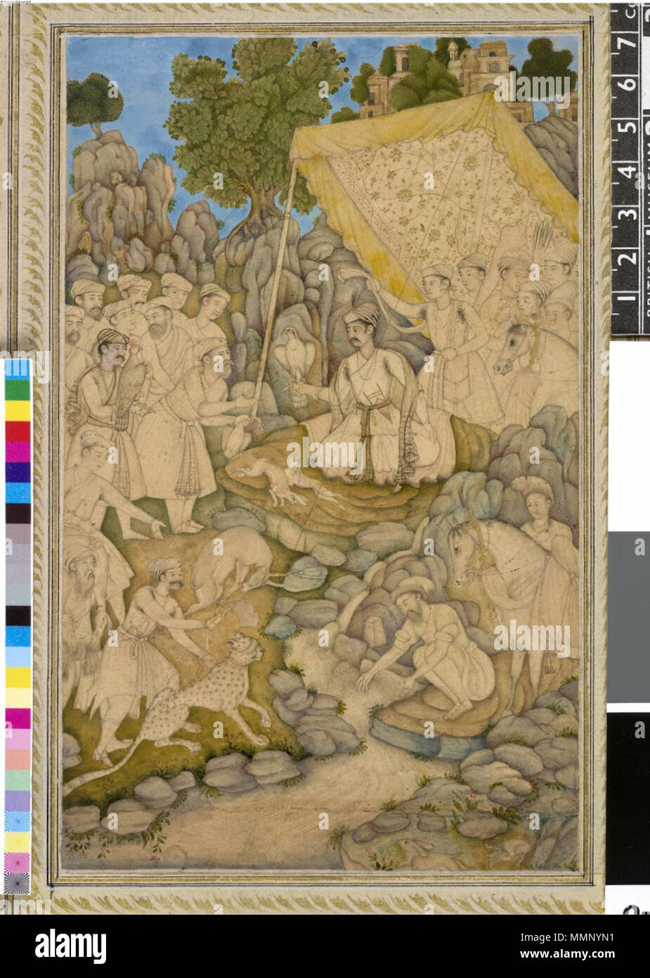 . Englisch: Alexander ruht auf einer Hütte Mughal India, C. 1605 eingeschrieben auf dem Berg: ikandar Shah "Tinte, Gold und Aquarell auf Papier die Kombination von Zeichnung und Malerei in einer Arbeit wurde in Mughal India beliebt im späten 16. und frühen 17. Jahrhunderts. Der Künstler hat die Landschaft gemalt hat aber nur einen Hauch von Farbe auf den menschlichen und tierischen Abbildung unter dem Vordach hinzugefügt. Obwohl er als Alexander der Große gekennzeichnet ist, ist er gekleidet und bewaffnet als Mughal. . Ca. 1605. Moghul-stil 21A Prince (gekennzeichnet als Alexander der Große) erhält einen Beutel nach der Jagd beim Sitzen unter dem Vordach mit Falcon auf Stockfoto