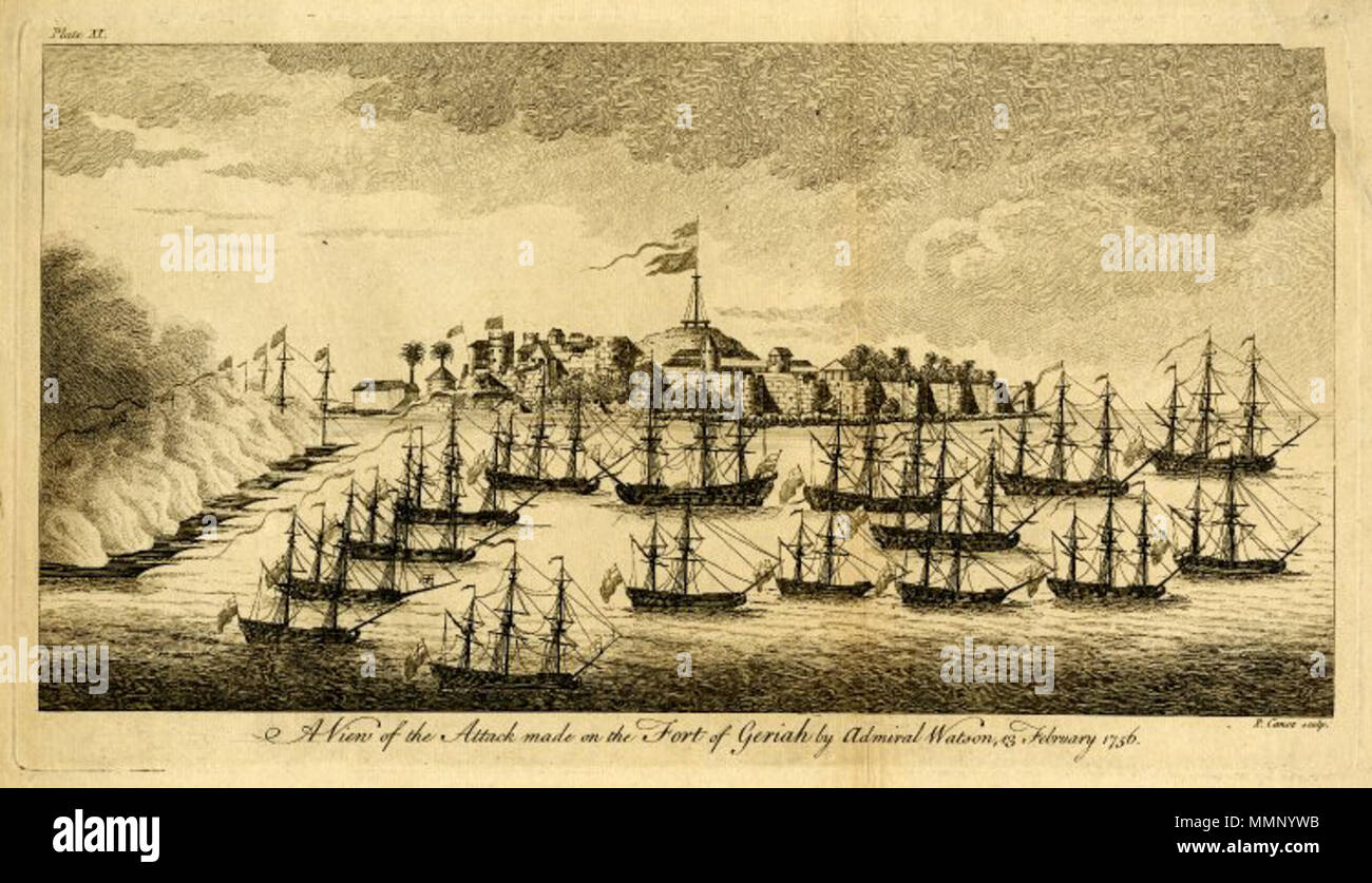 . Eine Flotte von Schiffen der Britischen-led-Indo-Kraft der East India Company unter dem Kommando von Admiral Charles Watson, die sich in der Ausbildung vor einer befestigten Insel, die Hochburg der Maratha pirate Tulagee Angria, mit einem Fahnenmast auf einem Hügel in der Mitte und einer Linie, die in der Fire Lastkähne nähert sich von der Linken; Tafel XI einer Serie. Radierung. zwischen 1756 und 1777. Pierre Charles Canot 22 Blick auf den Angriff auf das Fort von Geriah von Admiral Watson, 13. Februar 1756 Stockfoto