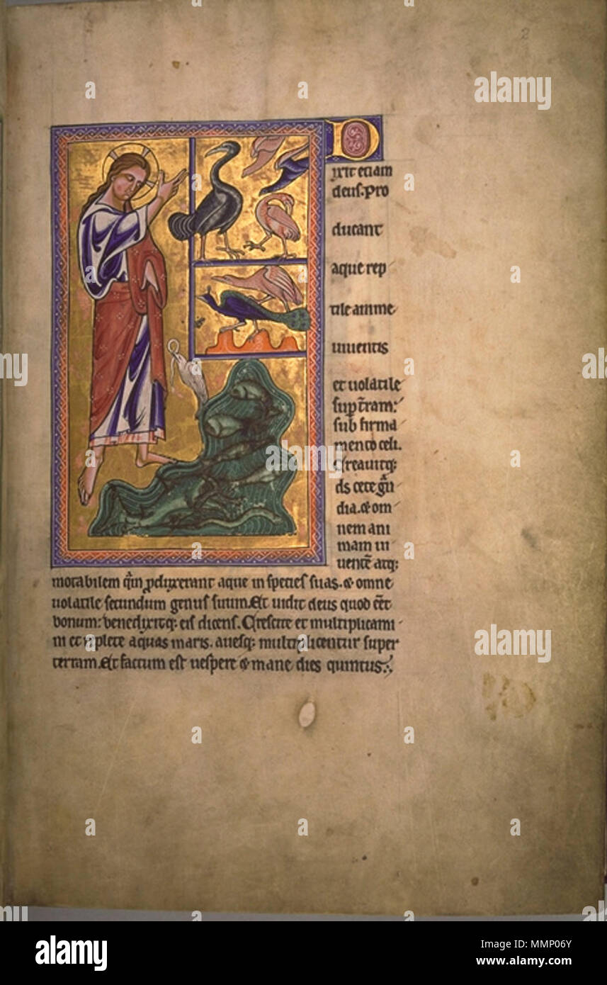 . Folio 2 recto vom Aberdeen Bestiary. Entstehung der Vögel und Fische.. 12. Jahrhundert. 24 AberdeenBestiaryFolio 002 rCreationOfBirdsFish Stockfoto