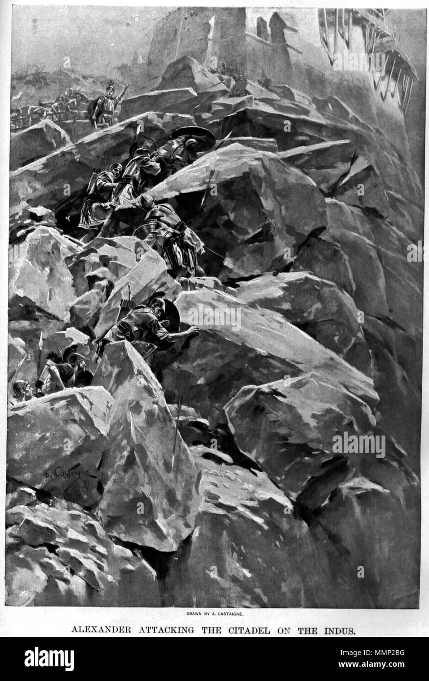 . Alexander alte Zeichnungen. zwischen 1898 und 1899. Andre Castaigne - Gestorben 1930 35 Alexander Angriffe die Zitadelle auf dem Indus von Andre Castaigne (1898-1899) Stockfoto