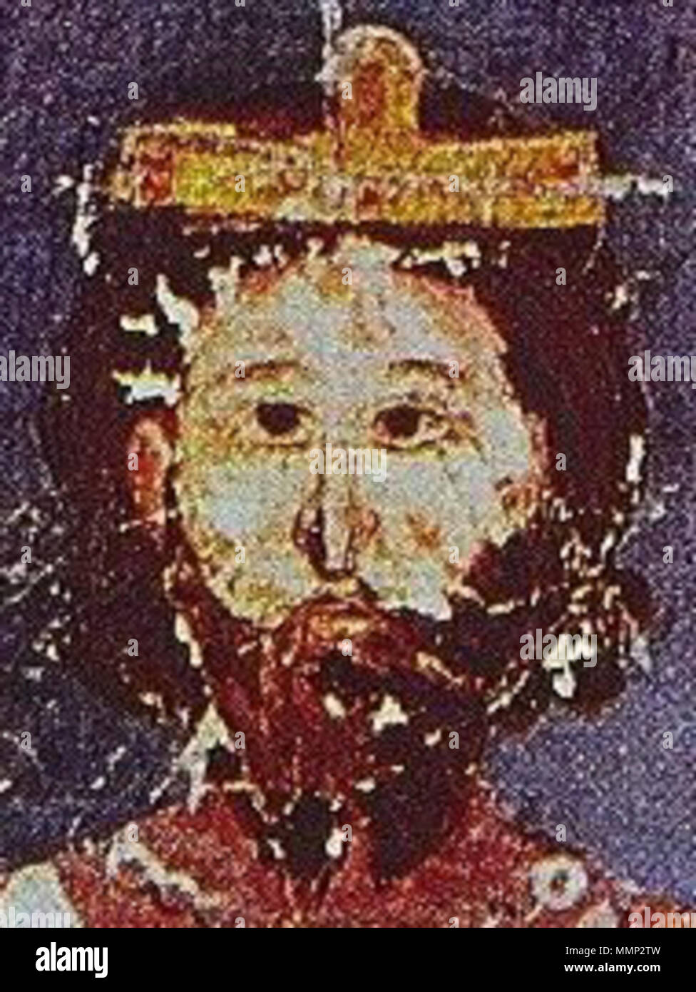 . Englisch: Der byzantinische Kaiser Alexios V Doukas, der den Spitznamen "ourtzouphlos', letzten Herrscher des Byzantinischen Reiches vor seinem Sturz auf den Vierten Kreuzzug. Ελληνικά: ο Βυζαντινός Αυτοκράτορας Δούκας Μούρτζουφλος Αλέξιος Ε'. Ανήλθε στο θρόνο κατά την πολιορκία της Κωνσταντινούπολης από την Τέταρτη Σταυροφορία. . Mittelalterliche illustrierte Handschrift (vermutlich aus dem 14. Jahrhundert). Unbekannt 37 Alexius V (7/8) Stockfoto