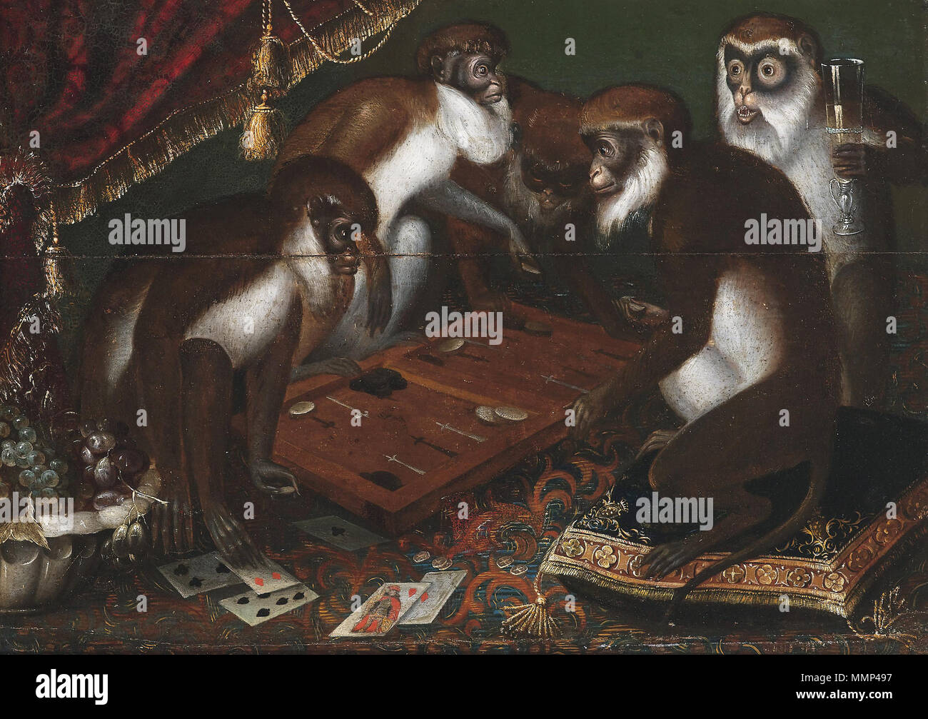 . Englisch: mit Spielkarten auf dem Boden am unteren Vordergrund; vermutlich aus dem 17. Jahrhundert Variante von Poker - Spielen der Hunde English: affengesellschaft beim Spiel Englisch: Backgammon - Spielen der Paviane. 17. Jahrhundert. Affengesellschaft beim Spiel Stockfoto