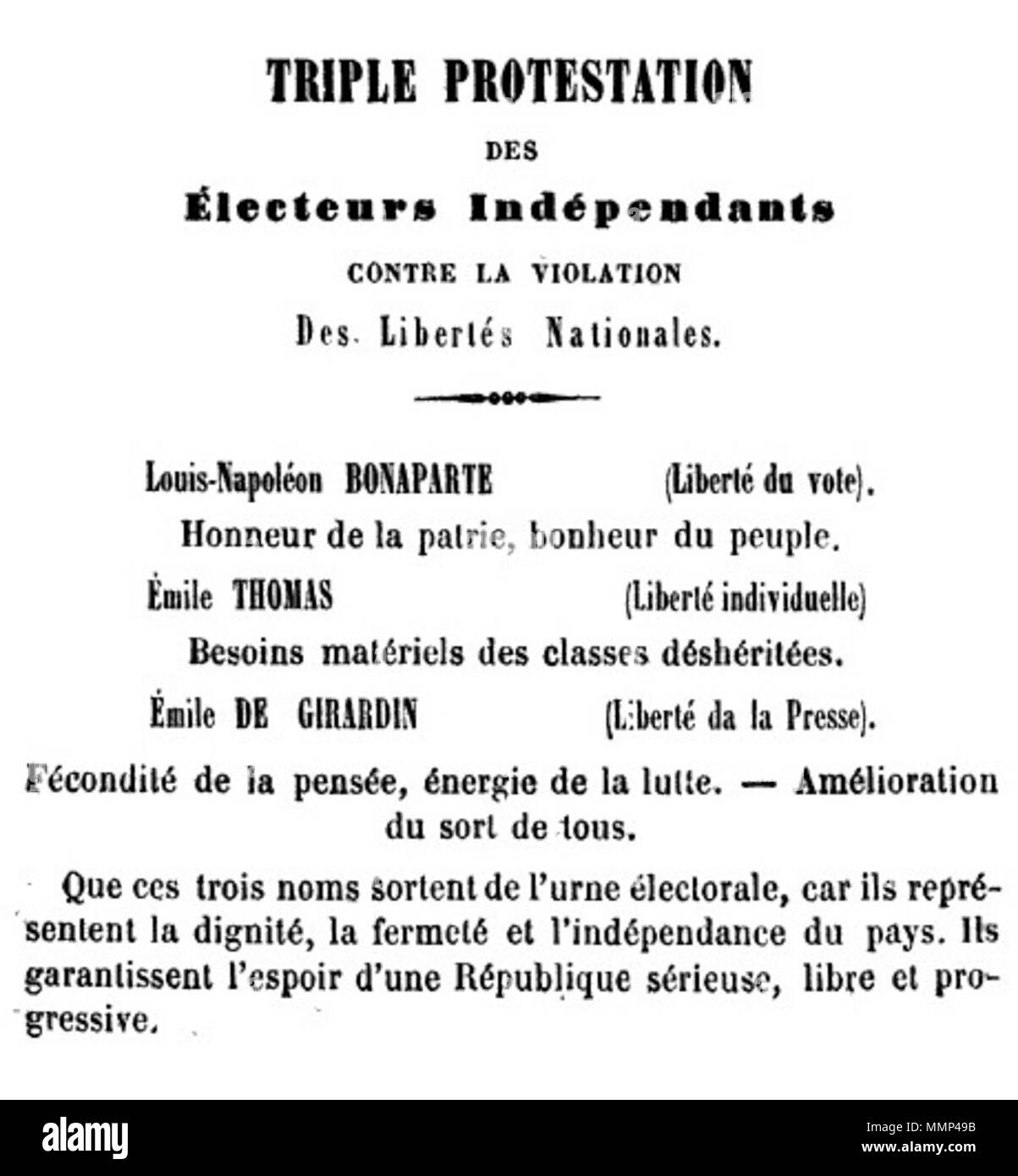 . Français: Affiche d'Émile Thomas pour Les élections complémentaires de Septembre 1848 (Les Affiches rouges, Reproduktion exacte et Histoire Kritik de toutes les affiches ultra-républicaines placardées sur les murs de Paris depuis le 24 février 1848, Paris, Giraud et Dagneau, 1851, S. 273). . 1848. Émile Thomas Affiche Bonaparte-Thomas - Girardin (September 1848) Stockfoto