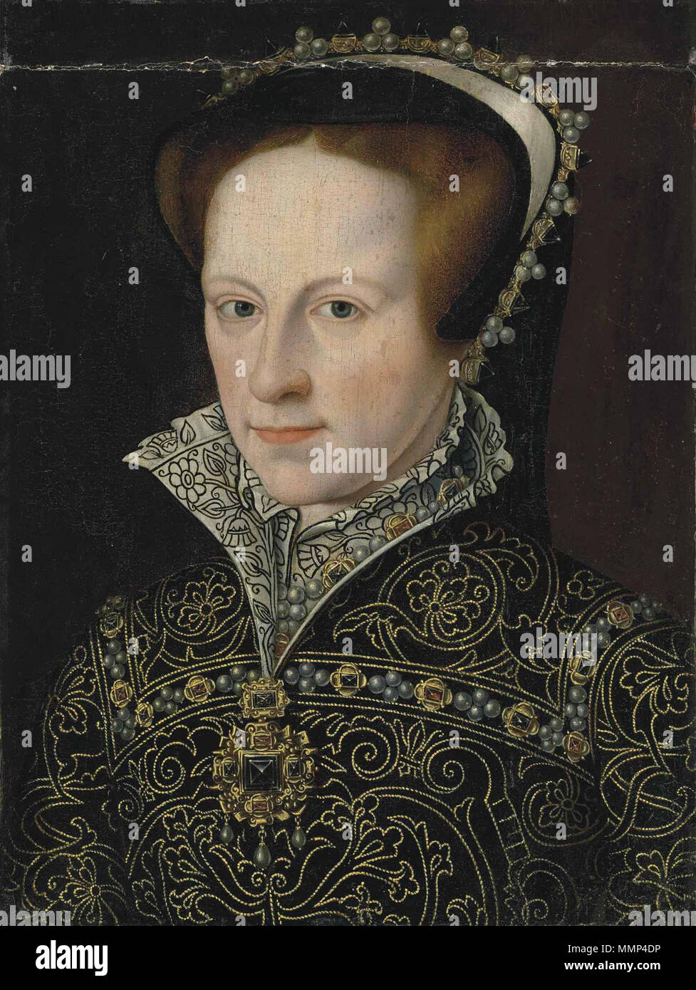 . Englisch: Portrait von Maria I. von England nach dem Muster von Anthonis Mor. In dieser Version Maria in einem aufwändig besticktes Kleid mit einem blackwork dargestellt wird gesäumt von Medici kragen und passenden Hochgeschlossene Kittel, mit einem französischen Haube. Maria I. von England. Nach 1569 Christie's viele Notizen. Nach Antonio Mor Maria I. von England in ein besticktes Kleid Stockfoto