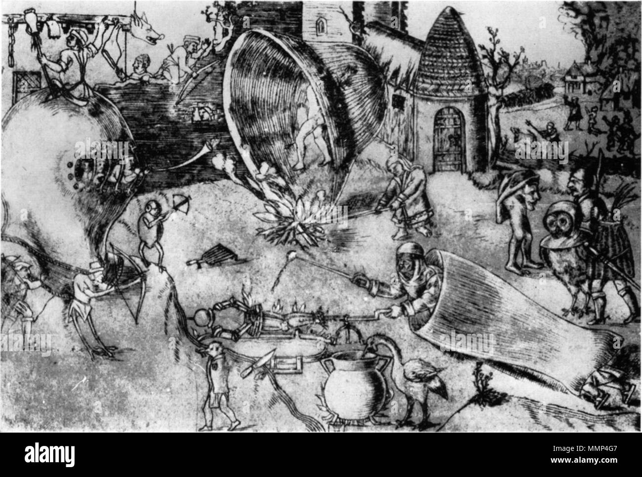 . Grotesken Schlacht Szene.[1] Gravur. Abmessungen und Lage unbekannt. Alternative Titel (s): krijgslieden Hekeling van de armoezaaiers.[2] krijgslieden Hekeling van de pretmakende armoezaaiers en Van hun onderlinge vijandschap.[3]. 1465-1516 (?). Nach Hieronymus Bosch oder Anhänger von Hieronymus Bosch nach Hieronymus Bosch 009 Stockfoto
