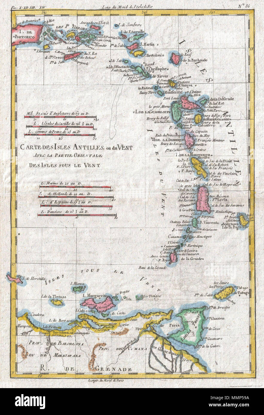 . Englisch: Ein schönes Beispiel für Rigobert Bonne und Guillaume Raynal von 1780 Karte der Kleinen Antillen, West Indies. Deckt die gesamte Wertschöpfungskette von Porto Rico, Trinidad, zusammen mit Teilen der Spanischen Main. Beinhaltet Porto Rico, St. Croix, Barbados, St. Lucia, St. Martin, Guadeloupe, St. Christopher, die Jungferninseln, Antigua, Dominica, St. Vincent, Tobago, Grenada, Martinique, Isla Margarita, und viele andere Inseln.. Sehr detaillierte, Städte, Flüsse, einige topographische Merkmale, einige undersea Features und politischen Grenzen. Von R.Bonne für G. Raynal von Atlas de toutes les Parties gezeichnet Stockfoto