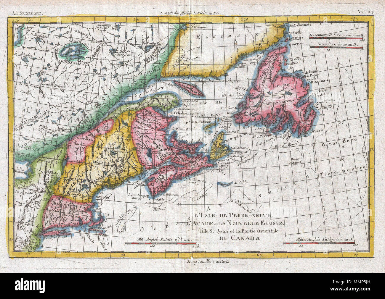 . Englisch: Ein schönes Beispiel für Rigobert Bonne und Guilleme Raynal's 1780 Karte von der nordöstlichen Vereinigten Staaten und Kanada. Diese sehr detaillierte Karte deckt die Ostküste der Vereinigten Staaten von ein Teil von New Jersey und New York im Süden so weit nördlich wie der Kanadische Maritime Provinzen Nova Scotia, New Brunswick und Neufundland. Erkennt Martha's Vineyard und Nantucket Island. Zeigt alle wichtigen Häfen, Häfen, Buchten und Inseln. Entlang der Küste, wie den Grand Banks und die Fischerei aus Cape Cod sind dargestellt, als dieser Bereich war sehr wichtig für den Norden bin Stockfoto