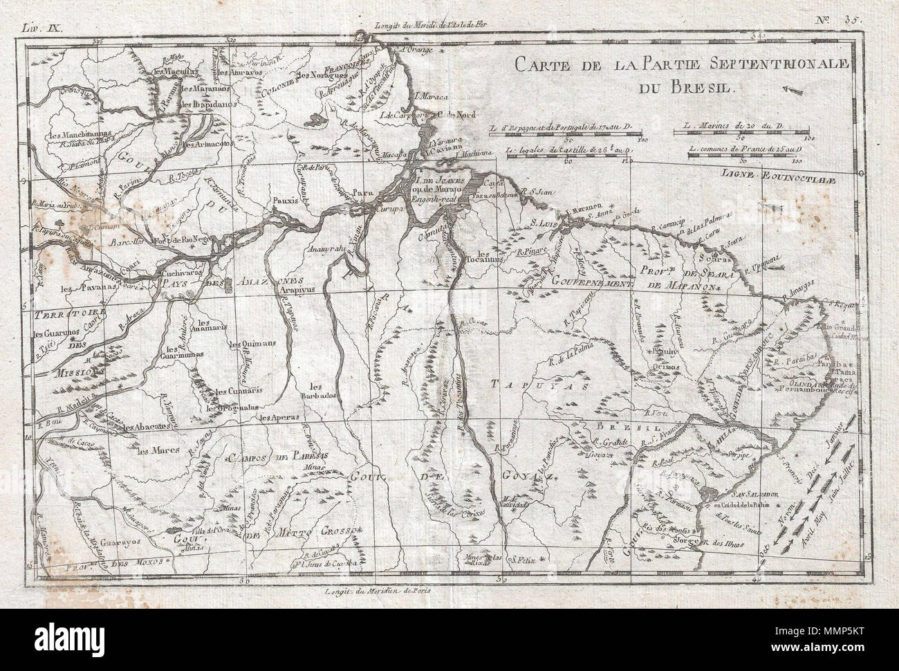 . Englisch: Ein schönes Beispiel für Rigobert Bonne und Guilleme Raynal's 1780 Karte von Norden Brasiliens. Diese detaillierte Karte verfügt über den nördlichen Teil von Brasilien aus Bahia zu Guyana. Dies umfasst auch einen Teil des Amazonas und seiner adjancet Regenwald, dem größten und artenreichsten Waldgebiet in der Welt. Der Hinweis ist der legendäre See Parime im Nordwesten. Es wurde an den Ufern des Sees, dass viele Forscher glaubten, die Stadt von Manoa, oder El Dorado finden konnte. Entdecker wie Sir Walter Raleigh gesucht in diesem Bereich in einem vergeblichen Versuch, suchen Sie den See und die legendäre Stadt Gol Stockfoto