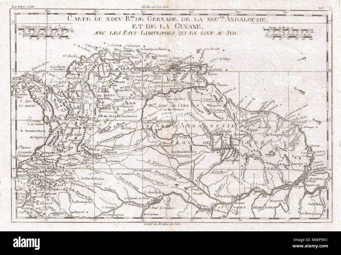 . Englisch: Ein schönes Beispiel für Rigobert Bonne und Guilleme Raynal's 1780 Karte des nördlichen Südamerika. Diese Karte umfasst das Gebiet, das sich vom Modernen Ecuador, Panama, Kolumbien, Venezuela, Guyana, Surinam, und dem nördlichen Teil von Brasilien. Sehr detaillierte mit Fluss und Gebirge, sondern umfasst auch die mythischen See Parime; es war hier Schatzsuche Entdecker, einschließlich Sir Walter Raleigh, nachdem man glaubte, die semi-mythischen Stadt El Dorado finden konnte. Bietet auch wichtige Städte und Häfen, zusammen mit Wind und Meer aktuelle Richtungen, Riffe und andere underwa Stockfoto