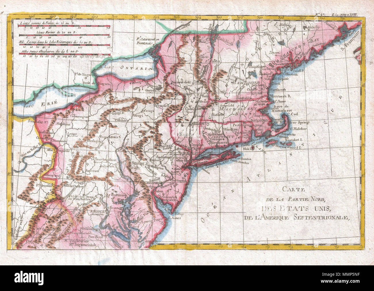 . Englisch: Ein schönes Beispiel für Rigobert Bonne und G. Raynal von 1780 Karte der nordöstlichen Vereinigten Staaten, etwa entsprechend der modernen Staaten von Maine, New Hampshire, Massachusetts, Connecticut, New Jersey, New York, Maryland und Pennsylvania. Zeigt einen frühen postkolonialen Perspektive der Region mit offenen Grenzen. Namen zahlreiche Häfen, Städte, Festungen, und topographischen Eigenschaften. Von R.Bonne für G. Raynal von Atlas de toutes les Parties Connues du Globe Terrestre, Dressé gezeichnet pour l'Histoire Philosophique et politique des Établissemens et du Commerce des Eu Stockfoto