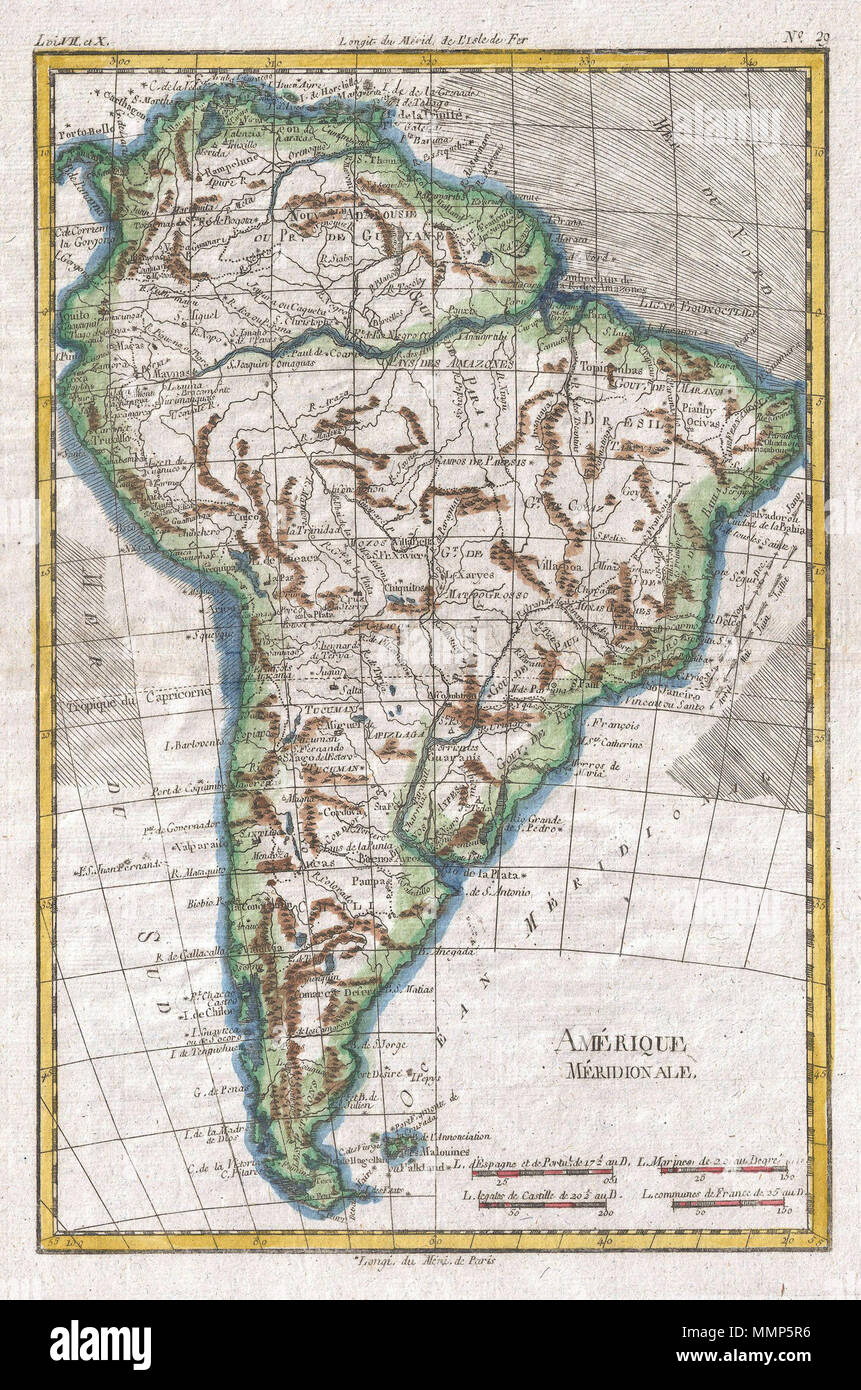 . Englisch: Ein schönes Beispiel für Rigobert Bonne und Guillaume Raynal's 1780 Karte von Südamerika. Sehr detaillierte, Städte, Flüsse, einige topographische Merkmale und politischen Grenzen. Namen einer Reihe von spekulativen Inland Funktionen einschließlich der Laguna de Xarayes (fast Totpunkt), vermutete Tor zum Paradies, und See Parima (in der Nähe von Guyana), angebliche Suite von Manoa oder El Dorado. Strömungen und Tradewinds sind identifiziert und Bergketten, von denen viele spekulativ sind, werden im Profil gezeichnet. Von R.Bonne für G. Raynal von Atlas de toutes les Parties Connues du Globe Terrestre gezeichnet, Dressé p Stockfoto