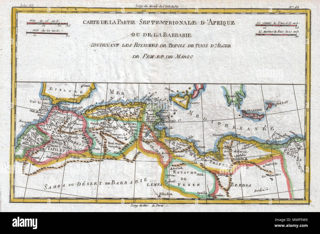 . Englisch: Ein schönes Beispiel für Rigobert Bonne und Guilleme Raynal von 1780 Karte der nordwestlichen Afrika oder dem Barbary Coast. Umfasst die modernen Staaten Marokko, Algerien, Tunesien, Libyen, und Teile der angrenzenden Spanien, Italien und Griechenland. Diese Karte wurde als Reaktion auf die europäischen Interessen in der Region durch Küsten Angriffe und Überfälle durch die Barbaresken in Algerien, Tunesien und Marokko. Die barbaresken Handel in dieser Region von den Kreuzzügen bis in das frühe 19. Jahrhundert gestört. Verfügt über Flüsse, einige topographische Merkmale und politischen Grenzen. Von R.Bonne für G. Rayn gezeichnet Stockfoto
