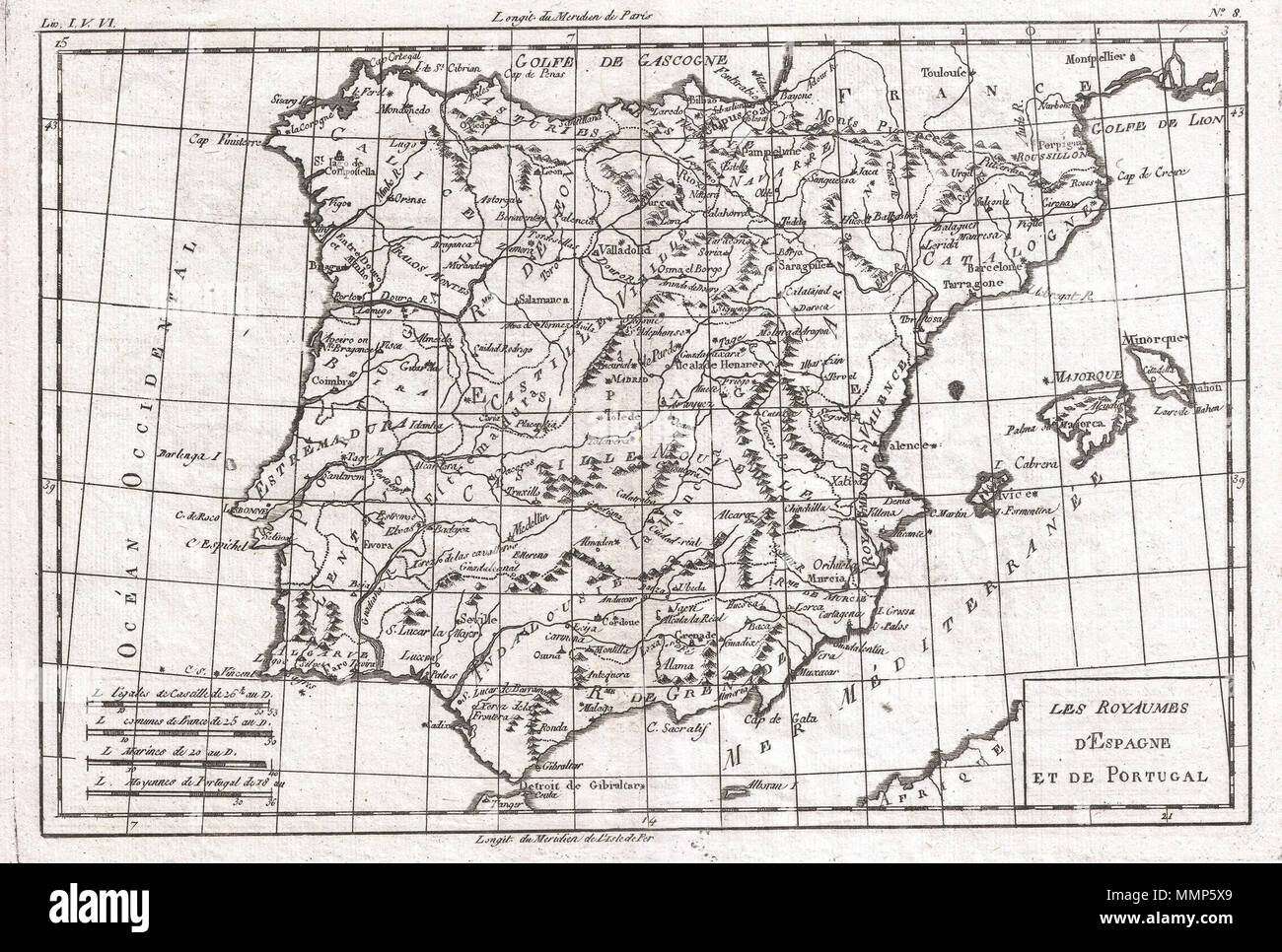 . Englisch: Ein schönes Beispiel für Rigobert Bonne und Guilleme Raynal's 1780 Karte von Spanien und Portugal. Umfasst die Inseln Ibiza, Minorque, und Majorque. Zeigt Städte, Flüsse, einige topographische Merkmale, die politischen Grenzen und wichtigen Straßen. Von R.Bonne für G. Raynal von Atlas de toutes les Parties Connues du Globe Terrestre, Dressé gezeichnet pour l'Histoire Philosophique et politique des Établissemens et du Commerce des Européens dans les Deux Indes. Les Royaumes d'Espagne et de Portugal. 1780 (undatiert). 1780 Raynal und Bonne Karte von Spanien und Portugal -, Geographicus - EspagneEtPortugal-bo Stockfoto