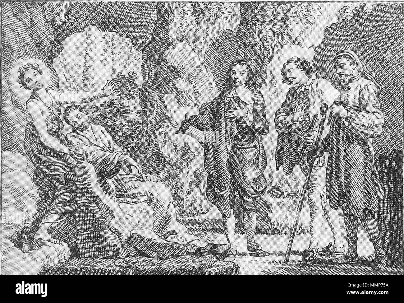 . Englisch: Alexander Papst sterben; von der Titelseite zu William Mason's Musaeus: eine monodie der Erinnerung an Herrn Papst, in der Nachfolge von Milton's Lycidas (1747). Die folgenden, die Quelle der Künstler Informationen durch die Beschreibung des Bildes überprüft wurden, wird von der Eröffnung Absatz (auf der Seite Muster) Von: "Postscript in der Odyssee": Papst nur ungern Schuld zu Milton von James Gray. Wiley Online Bibliothek. Milton Quarterly, Band 18, Heft 4, S. 105. 1984. Version von Rekord online: 3 Apr 2007. "Wenn es wahr ist, dass jedes Bild erzählt eine Geschichte, die Vignette von Francis Hayman ausgearbeitet und von Char eingraviert Stockfoto