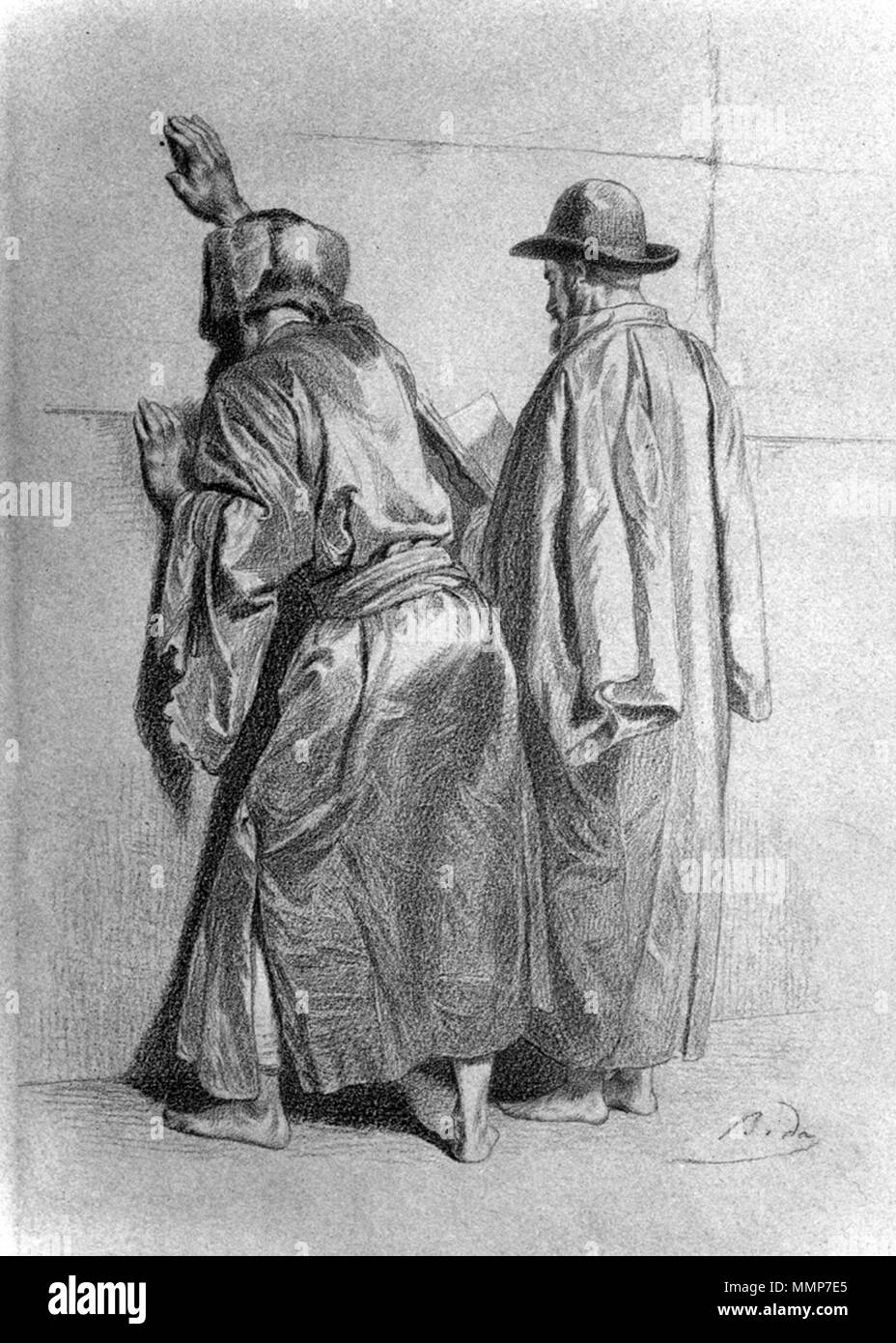 37.1391 Alexandre Bida (Französisch, 1823-1895). "Die Juden an der Klagemauer, 'Ca. 1850. schwarze und weiße Kreide auf Blau, mäßig, mäßig strukturierten webte Papier. Walters Art Museum (37.1391): von William T. Walters, 1864 erworben. Alexandre Bida - die Juden an der Klagemauer - Walters 371391 Stockfoto