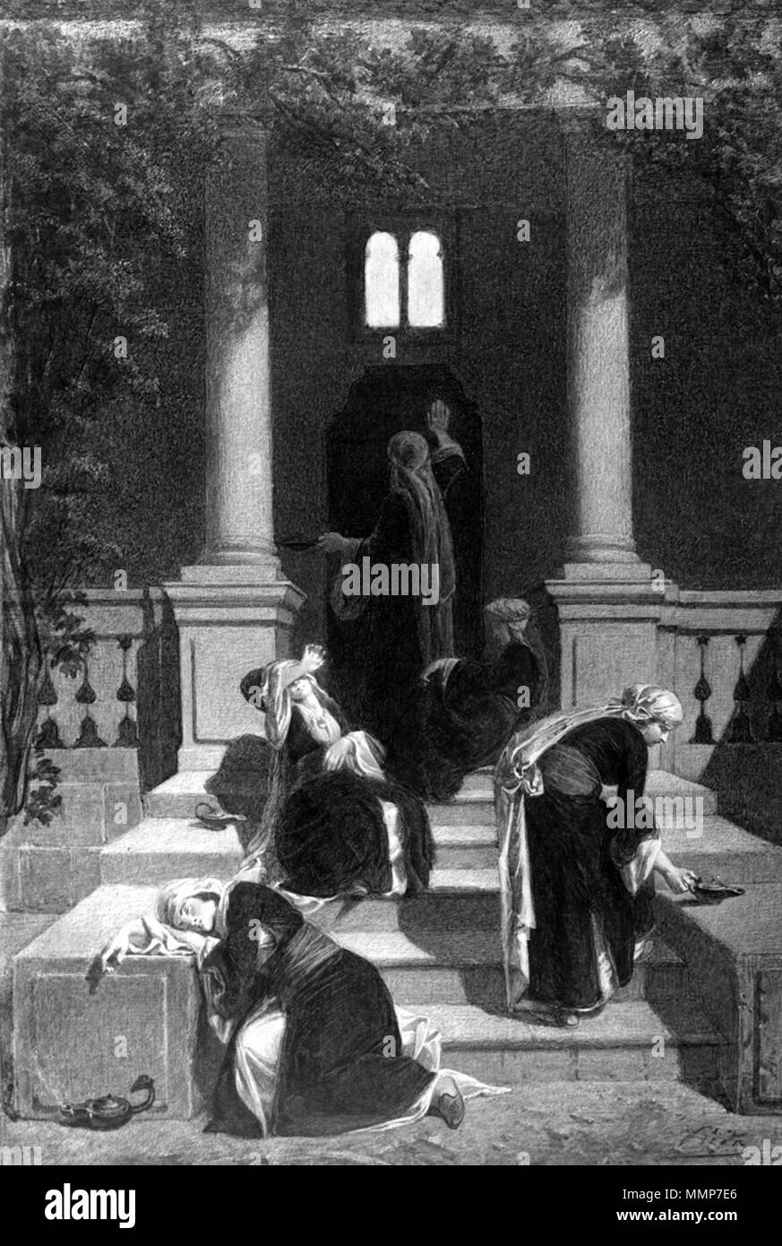 37.914 Alexandre Bida (Französisch, 1823-1895). "Die törichten Jungfrauen", 1884-1885. Rush und Tinte Waschen mit Schaben über Holzkohle underdrawing auf mäßig strukturierten (?), mäßig dick, Laminat, Webten (?) Papier mit einem weiß pigmentierten Beschichtung. Walters Art Museum (37.914): von William T. Walters, 1885 erworben. Alexandre Bida - Die törichten Jungfrauen - Walters 37914 Stockfoto