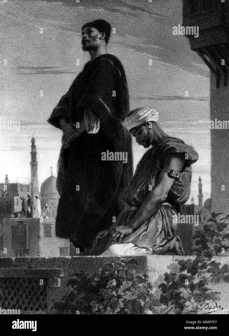 37.913 Alexandre Bida (Französisch, 1823-1895). "Gebet auf dem Dach", 1864. Pinsel und Tusche mit Graphit underdrawing, weiße Kreide, und Kratzen an den cremefarbenen, dick, leicht strukturierte webte Papier mit einem weiß pigmentierten Boden vorbereitet. Walters Art Museum (37.913): von William T. Walters, 1864 in Betrieb genommen. Alexandre Bida - Gebet auf dem Dach - Walters 37913 Stockfoto