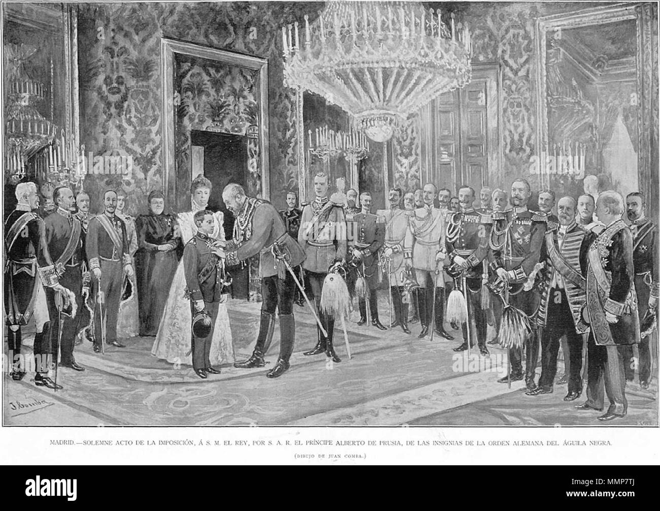 . Italiano: Madrid solemne acto de la imposicion, S. M. El Rey, Por S. A. R. El Principe Alberto de Preussen, de las alemanna insignas de la Orden del Aguila Negra. (Dibujo de Juan Comba). 15. November 1899. Juan Comba García (1852 - 1924) Alternative Namen Comba García, Juan, Juan Comba; Juan Comba Garcia Beschreibung spanischer Maler und Illustrator Datum der Geburt / Tod am 30. November 1852 vom 19. Juni 1924 Ort der Geburt / Todes Jerez de la Frontera Madrid Authority control: Q 5948850 VIAF:?:? ISNI 95904068 0000 0000 8402 5694 ULAN:?? Kein LCCN: 500035788 2010154728 GND:? 104218030 X WorldCat Alfon Stockfoto