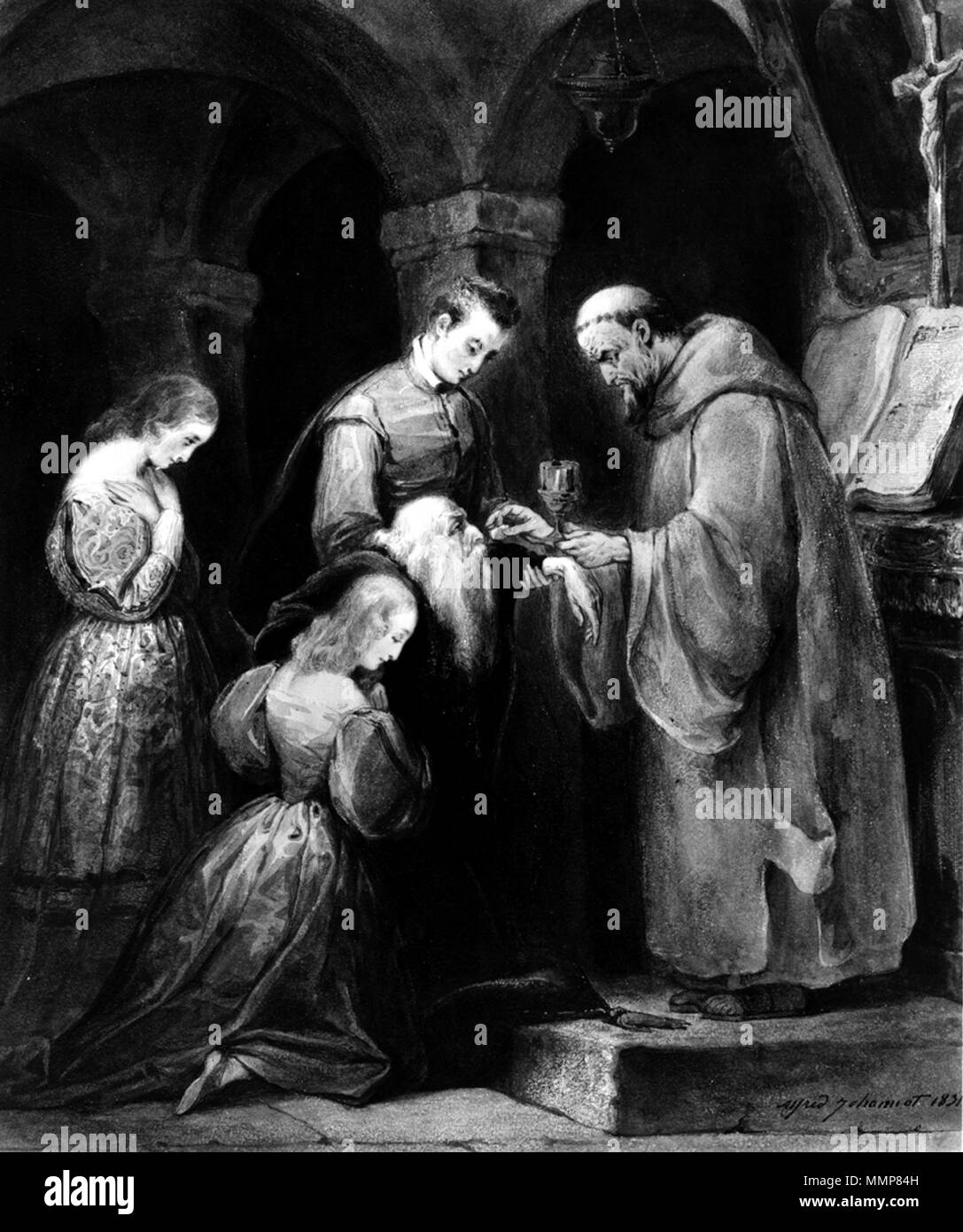 37.1418 Alfred Johannot (Französisch, 1800-1837). 'Alter Mann Kommunion", 1831. Aquarell und Graphit mit weißen heighteing underdrawing und Gummi Zuspitzung auf Sahne, mäßig dick, mäßig strukturierten webte Papier. Walters Art Museum (37.1418): von William T. Walters, 1865 erworben. Alfred Johannot - gealterten Mann Kommunion - Walters 371418 Stockfoto