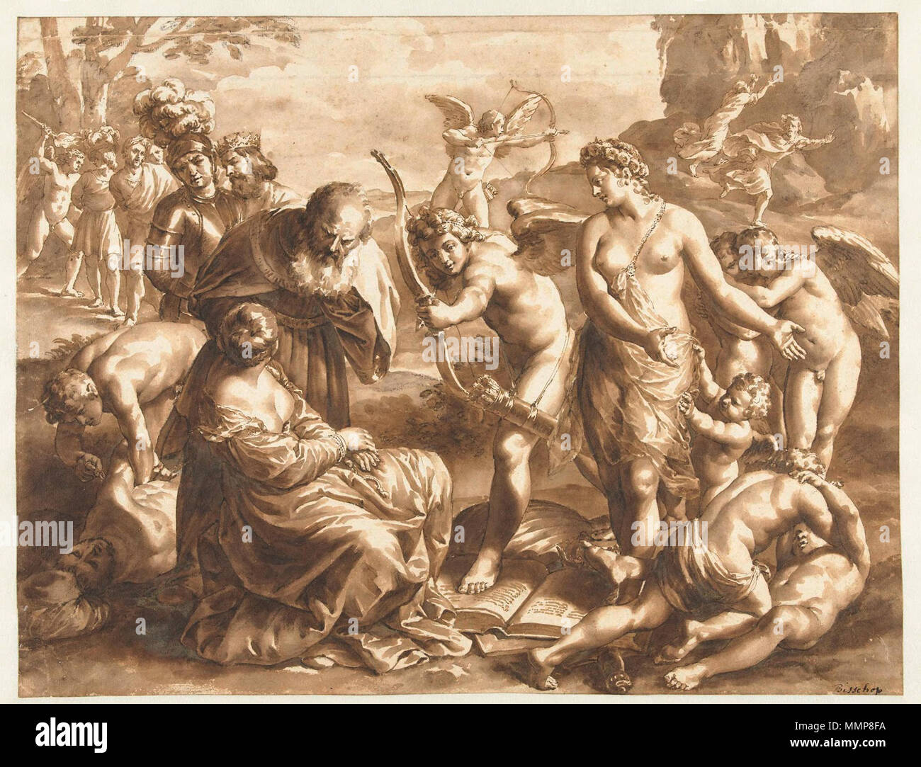 . Nederlands: Allegorie op de macht van Venus. 1638-1671. Pen, penseel in kleur, Papier. 29,3 × 37,8 cm (11,5 x 14,8 in). Amsterdam, Rijksmuseum Amsterdam (RP-T--1951-22). In bruikleen van het Mauritshuis (15). . Zwischen 1638 und 1671. Jan de Bisschop (1628-1671) Alternative Namen Johannes Episcopius Beschreibung niederländische Grafiker und Zeichner Geburtsdatum / Tod zwischen Mai 1628 und Juli 1628 1671 Ort der Geburt / Todes Amsterdam Den Haag Arbeit Standort Amsterdam (1644-1648), Leiden (1649 - 1652), Den Haag (1652 - 1671) Behörde: Q VIAF: 284271 12053160?? ISNI: 0000 0 Stockfoto