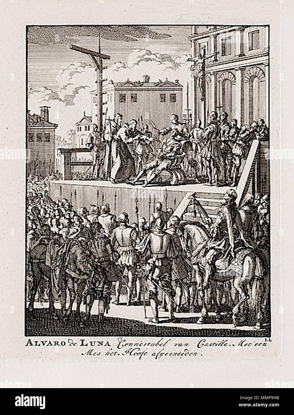 . Englisch: Alvaro de Luna connèstabel van Castille. Met'een Mes het. Hooft afgesneeden, Radierung von Jan Luyken. Alvoro de Luna Ausführung durch Luyken. Stockfoto