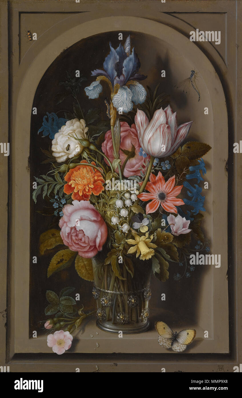 . Ein Stillleben mit Blumen in einem becherglas in einer Nische eingerichtet. durch 1621. Ambrosius Bosschaert (1573-1621) Alternative Namen Monogrammist AB Beschreibung niederländischen Maler und Kunsthändler Geburtsdatum / Tod 18. November 1573 (Taufen) 1621 Ort der Geburt / Todes Antwerpen, Den Haag Arbeitsort Middelburg (1593 - 1613), Amsterdam (1614), Bergen op Zoom (1615), Utrecht (1615 - 1619), Breda (1619), Den Haag (1621) Kontrolle: Q 459665 VIAF:?:? ISNI 95705491 0000 0000 8007 7278 500004087 ULAN:?: WGA?, Ambrosius BOSSCHAERT der Ältere GND:? 141554428 Ambrosius Bosschaert der Ältere noch Stockfoto