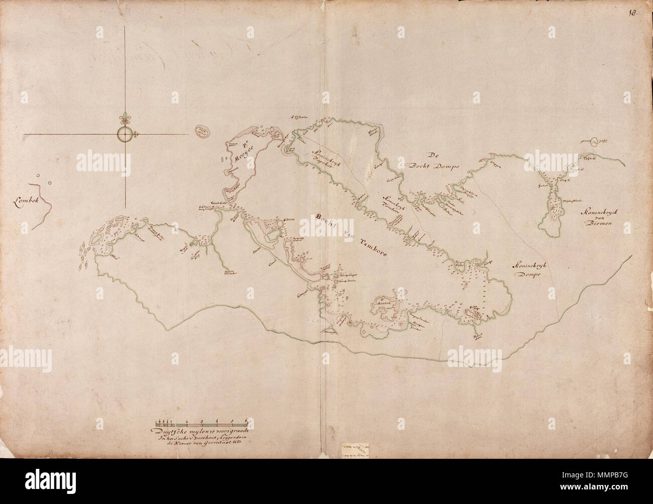 . Nederlands: Titel im Catalogus Leupe (NA): Kaart van een Gedeelte der Noordkust van het Eiland Sumbawa, bevattende de Bogt van Tamboré, Dompo, Bima enz.. Rechtsboven genummerd: 18.. De achterkant ist beplakt met een vel Papier, Ferse potloodnummers vaag zijn nog te zien. Anmerkung im Catalogus Leupe: De kaart ist vervaardigd in het Jacht Voorhout, liggende in de Rivier van Gorontale., daarmee bedoeld wordt het Beispiel voor de kaart sterben hier wordt weergegeven. Dit Beispiel ist vervaardigd Ca. 1681. Notities verso: 'T Eijland Cumbava. [In een uitsparing van het vel Papier]. Englisch: Titel in t Stockfoto