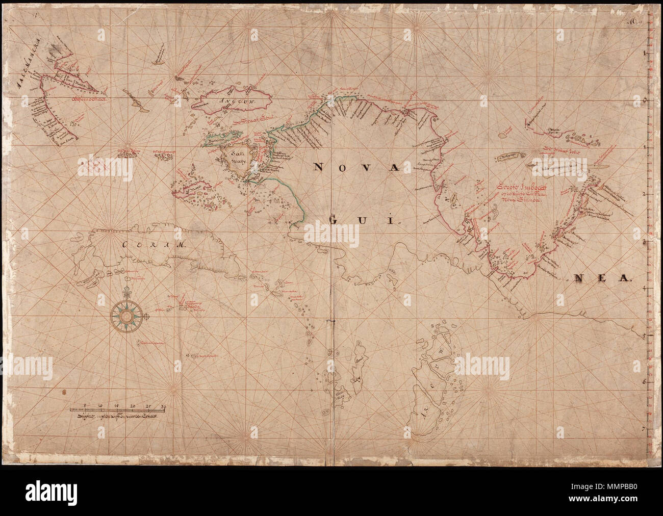 . Nederlands: Titel im Catalogus Leupe (Nationaal Archief): Kaart van de West en, benevens Nieuw-Guinea Noordkust van de Papoesche Eilanden. Rechtsboven genummerd: 46. a.. De achterkant ist beplakt met een vel Papier. Anmerkung catalogus Leupe: Deze kaarten zijn vervaardigd Tür de Schippers enz., in de Expeditie onder Kegelrad van Jacob Weyland. Englisch: Titel in der Leupe Katalog (National Archives): Kaart van de West en, benevens Nieuw-Guinea Noordkust van de Papoesche Eilanden. Nummerierte rechts oben: 46. a.. Das Diagramm wurde verstärkt mit einem Blatt Papier geklebt auf der Rückseite. Beachten Sie in der L Stockfoto