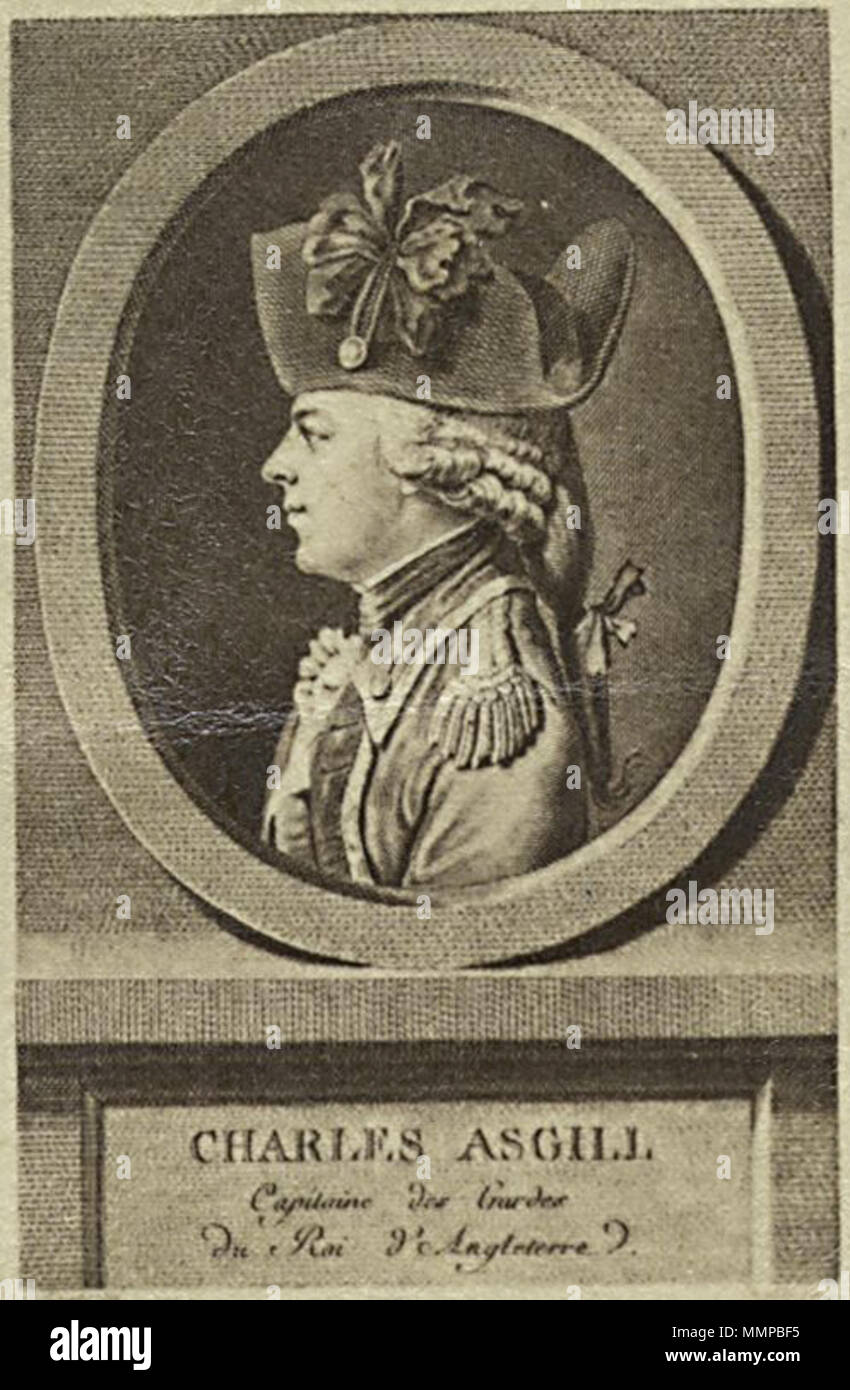 . Portrait von Sir Charles Asgill, 2nd Baronet (1762-1823) Englisch: Gravur, die am 1. April 1786 veröffentlicht wurde, als Illustration in John Andrews' Buch, Geschichte der Krieg mit Amerika, Frankreich, Spanien und Holland: Beginn 1775 und Ende 1783, 4 Bde. (London: J.Fielding, 1785-86). 1785. Sir Charles Asgill 2nd Baronet Stockfoto