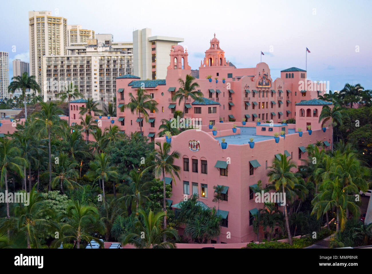 Royal Hawaiian Hotel, eine Beachfront Luxury Resort in weltberühmten Waikiki, Oahu, Hawaii, USA Stockfoto