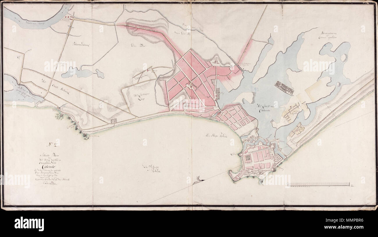 . Nederlands: Titel catalogus Leupe (NA): Situatie-plan Van Het Kasteel, Ommelanden Voorstad en van Colombo, Zoo verre dezelve ten opzichte eene Stichwörter dezer Sperrfrist in aanmerking komen. Notities verso: Nr. 2. Colombo/Nr. 2/540 [in potlood]. Englisch: Titel in der Leupe Katalog (NA): Situatie-plan Van Het Kasteel, Ommelanden Voorstad en van Colombo, Zoo verre dezelve ten opzichte eene Stichwörter dezer Sperrfrist in aanmerking komen. Hinweise auf der Rückseite: Nr. 2. Colombo/Nr. 2/540 [in Bleistift]. Nederlands: Kaart van Colombo en omgeving Englisch: Karte von Colombo und Umgebung. ca. 1790. Cr Stockfoto