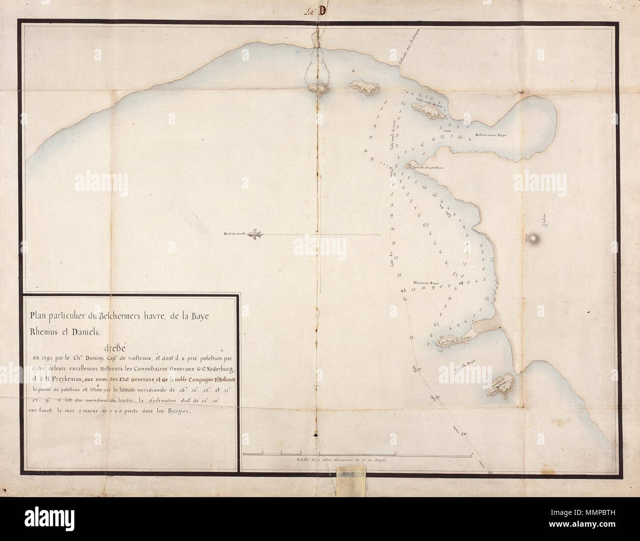 . Nederlands: Titel catalogus Leupe (NA): Plan particulier du Beschermers Havre, de la Baye Rhenius et Daniels (Litta D). Bijzonderheden: genummerd Littera D. Op de kaart ist ein VOC verlichtingssterkte aangemerkt daarbij de Woorden: [Pointe de Besitz] erfüllt. Englisch: Titel in der Leupe Katalog (NA): Plan particulier du Beschermers Havre, de la Baye Rhenius et Daniels (Litta D). Angaben: Littera D. nummeriert die Karte trägt eine VOC-Symbol, die mit den Worten an: [Pointe de Besitz] markiert wurde. Nederlands: Kaart van de Beschermershaven en de Rhenius-en Danielsbaai Englisch: Karte der B Stockfoto