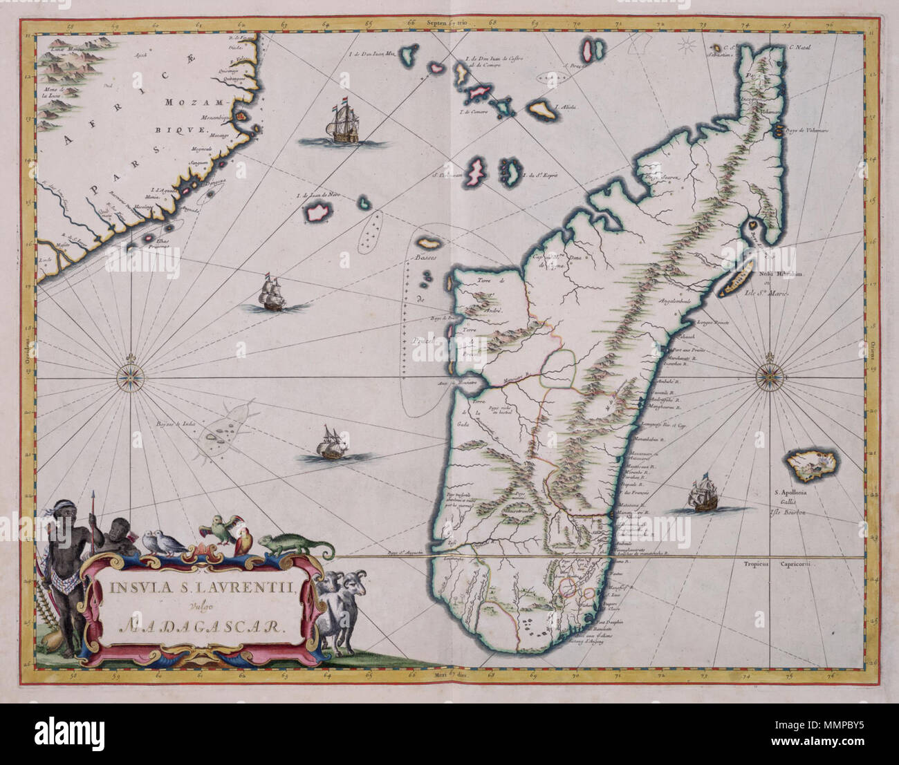 . Nederlands: Kaart van Madagaskar uit de Atlas Van der Hagen, Koninklijke Bibliotheek Den Haag Deel 4. Deze kaart van Madagaskar werd 1662 gepubliceerd in de Atlas Maior van Joan Blaeu (1598-1673). Het eiland Madagaskar 1501 werd ontdekt Tür de Portugese ontdekkingsreiziger Diogo Dias. Voor deze kaart maakte Blaeu gebruik van een Franse Bron, vermoedelijk een kaart van Etienne de Flacourt (1607-1660) uit 1658. De Fransen beschouwden het Eiland in de 17 de Eeuw als 'la France Orientale". Vgl. der Österreichischen Nationalbibliothek, Wenen, Inv. nr. Van der Hem 35:58 de Koninklijke Bibliothee Stockfoto