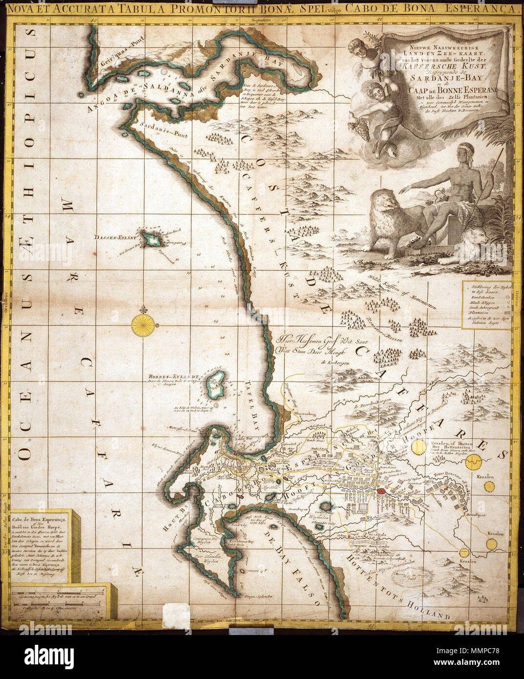 . Nederlands: Titel im Catalogus Leupe (Nationaal Archief): Nova et accurata Tabula promontorii Bonae Spei vulgo Cabo de Bona Esperanca. Nieuwe naauwkeurige Land en zeekaart gedeelte van het voornaamste der Kaffersche kust, Sardanje-Baij begrijpende de en de Caap de Bonne Esperance erfüllt alle deszelfs plantaziën. Schaalaanduiding: Schaal van 4 Duitse mijlen = 85; strepen omgerekende Schaal [1:359.952]; Schaal van 5 Franse [Zee?] mijlen = 80; strepen omgerekende Schaal [1:347.293]. Englisch: Titel in der Leupe Katalog (National Archives): Nova et accurata Tabula promontorii Bonae Spei vulgo Stockfoto