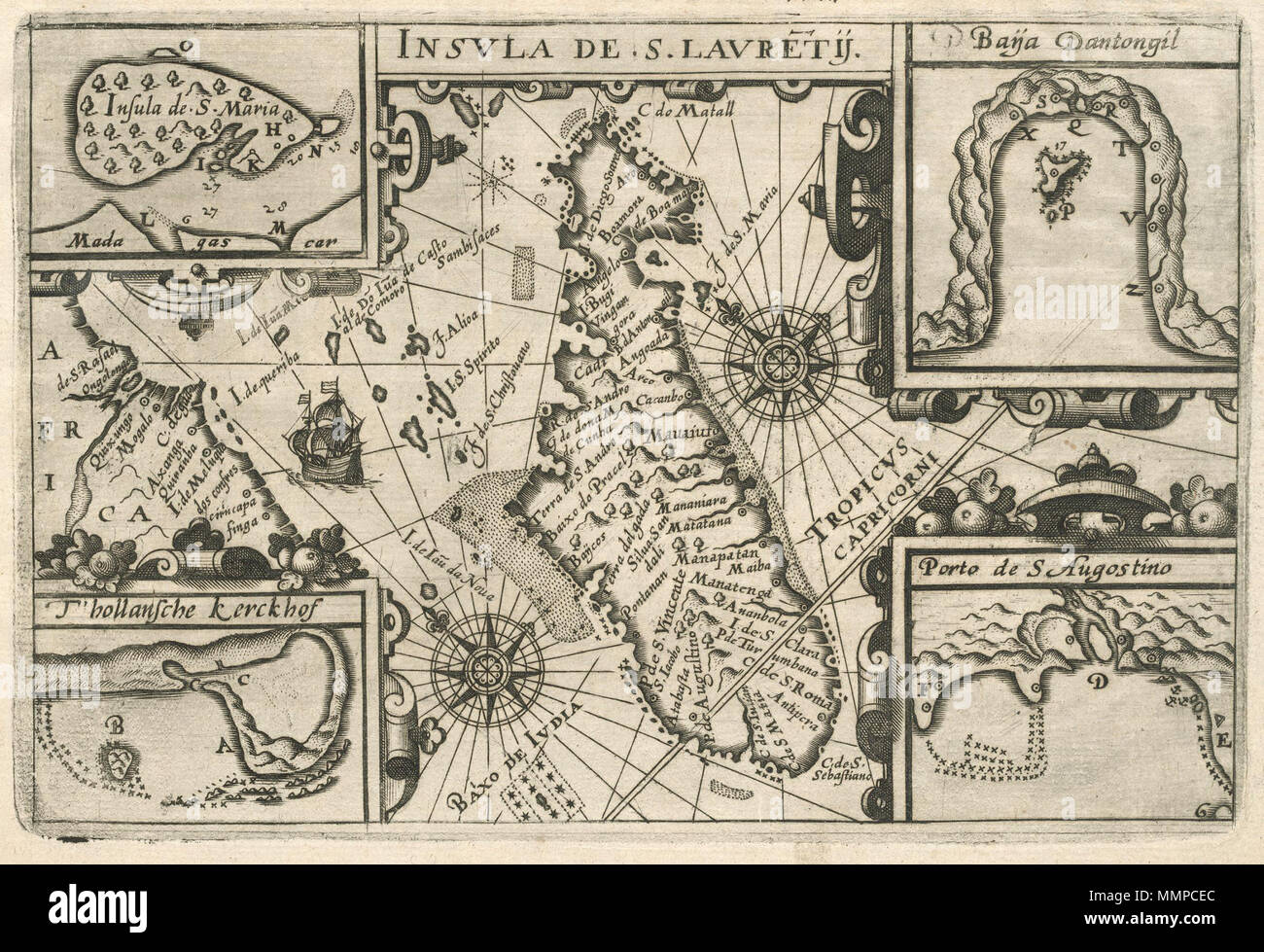 . Nederlands: Kaart van Madagaskar met een viertal inzetten. Insula De S. Lauretij. De vloot van de Houtman heeft een maand ongeveer rond Madagaskar gedwaald voor ze ergens aan Land konden om vers Wasser en voedsel in Te nemen. Inzetten: Insual de S. Marie/Baija Dantongil/Porto de S/T'Augostino hollansche kerckhof. Englisch: Karte von Madagaskar mit vier Einsätze. De Houtman's Fleet durchstreiften rund um Madagaskar für rund einen Monat vor dem Landfall irgendwo machen könnte auf frische Lebensmittel und Wasser zu nehmen. Einsätze: Insual de S. Marie/Baija Dantongil/Porto de S/T'Augostino hollansche kerckhof. Stockfoto
