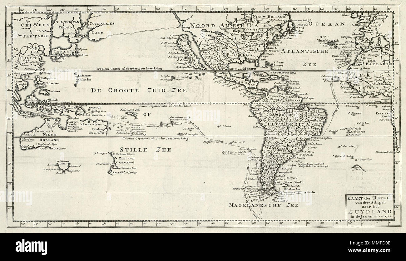 . Nederlands: Kaart van de Reis naar het Zuidland Tür Jacob Roggeveen. Der Reyze kaart Van Drie Schepen naar het Zuydland in de Jaren 1721 en 1722. De route van Roggeveen ist Op de kaart aangegeven, Pro toeval ontdekte hij Paaseiland. Deutsch: Karte der Reise in die 'South Land' von Jacob Roggeveen. Der Reyze kaart Van Drie Schepen naar het Zuydland in de Jaren 1721 en 1722. Der Roggeveen Route wird auf der Karte markiert. Er entdeckte die Osterinsel durch Unfall. Nederlands: Kaart van de Reis naar het Zuidland Tür Jacob Roggeveen Englisch: Karte der Reise in die 'South Land' von Jacob Roggeveen. Stockfoto