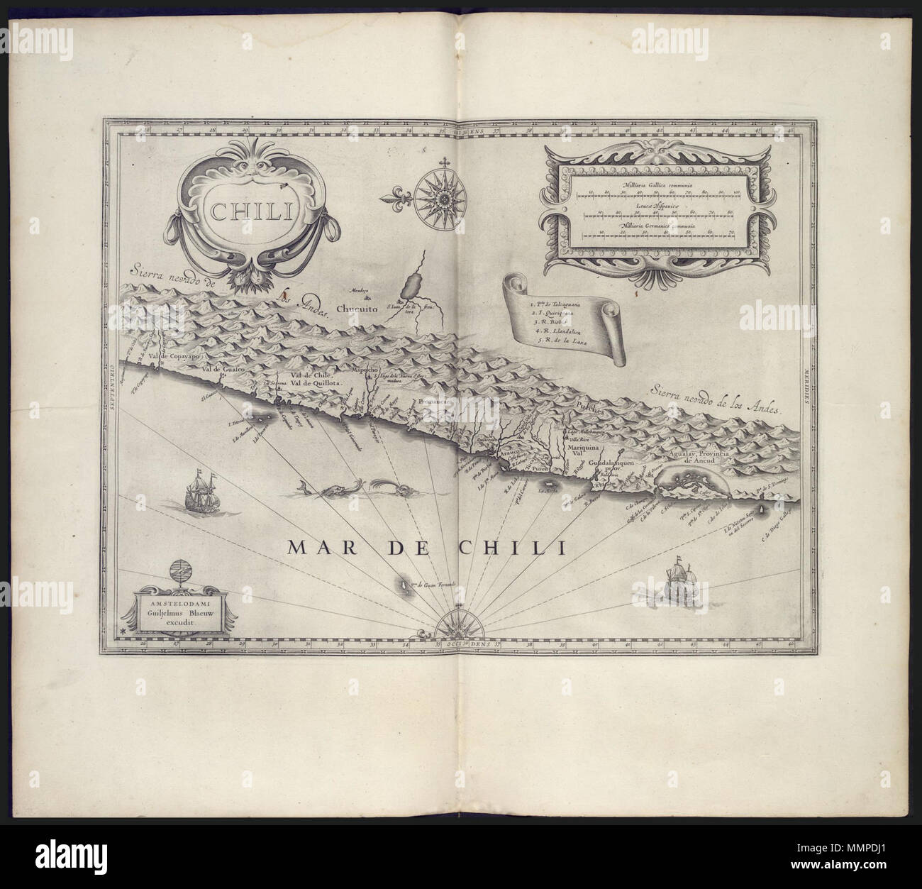 . Nederlands: Kaart van Chili. Chili. Legende: 1. Pta de Talcaguana. / 2. I. Quiriquina. / 3. R. Biobio. / 4. R. Llandalien/5. R. de la Laxa. Vgl. Koninklijke Bibliotheek, Den Haag, Inv.nr. 1049 B13 089, Idem, Inv. nr. 40 E6Na s. 410; en Idem, Inv. nr. 36 G 19 Na s. 424. Englisch: Karte von Chile. Chili. Schlüssel: 1. Pta de Talcaguana. / 2. I. Quiriquina. / 3. R. Biobio. / 4. R. Llandalien/5. R. de la Laxa. Vgl. Koninklijke Bibliotheek Den Haag, Inv. nr. 1049 B13 089, Idem, Inv. nr. 40E6 nach S. 410; und Idem, Inv. nr. 36 G 19 nach S. 424. Nederlands: Kaart van Chili Englisch: Karte von Chile. Stockfoto