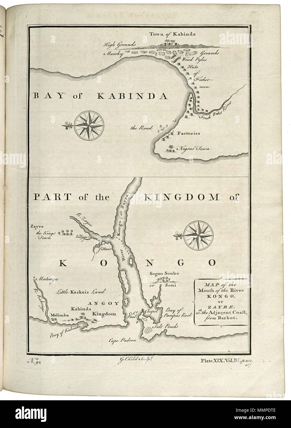 . Nederlands: Kaart van de baai van Kabinda en van de monding van de rivier Kongo. Bucht von Kabinda / Karte von der Mündung des Flusses Kongo oder Zayre, w: Th der angrenzenden Küste. Linksonder: Nr. 92. Rechtsonder: Platte XIX. Vol. III S. 202. 217. Deutsch: Karte der Bucht von kabinda und die Mündung des Kongo River. Bucht von Kabinda / Karte von der Mündung des Flusses Kongo oder Zayre, w: Th der angrenzenden Küste. Unten links: Nr. 92. Unten rechts: Platte XIX. Vol. III S. 202. 217. Nederlands: Kaart van de baai van Kabinda en van de monding van de rivier Kongo Englisch: Karte von der Bucht von kabinda und der Mündung des Th Stockfoto