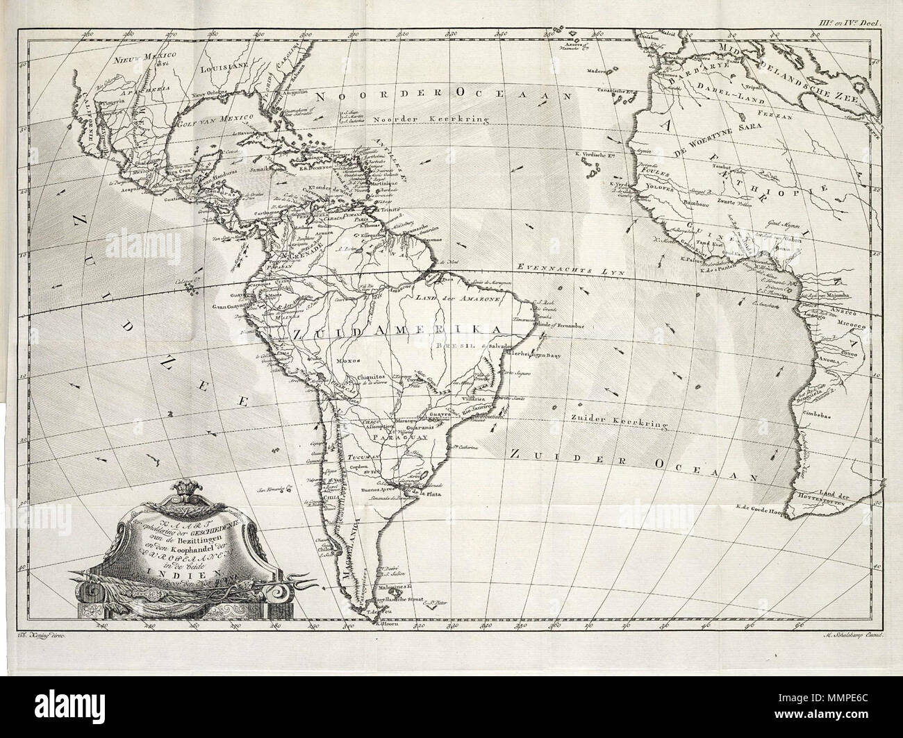 . Nederlands: Kaart van Midden en Zuid-Amerika en West-Afrika. Kaart ter opheldering der Geschichte, Van de en Bezittingen den Koophandel der Europeaanen in de beide Indien. Englisch: Karte von Mittel- und Südamerika und Westafrika. Kaart ter opheldering der Geschichte, Van de en Bezittingen den Koophandel der Europeaanen in de beide Indien. Nederlands: Kaart van Midden- en Zuid-Amerika en West-Afrika Englisch: Karte von Mittel- und Südamerika und Westafrika. zwischen 1775 und 1783. Schöpfer: M. Schalenkamp Creator: Bonne Schöpfer: Th. Koning Nederlands: M. Schalenkamp (uitgever), Bonne (Land Stockfoto