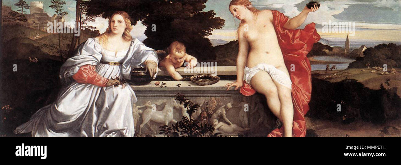 Englisch: Sakrale und profane Liebe. 1514. Amor amor Sacro e Profano 01. Stockfoto