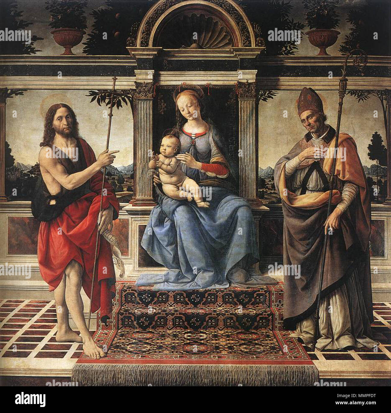 Madonna mit den hll. Johannes der Täufer und Donatus. zwischen 1475 und 1483. Andrea Del Verrocchio - Madonna mit den hll. Johannes der Täufer und Donatus-WGA 24995 Stockfoto