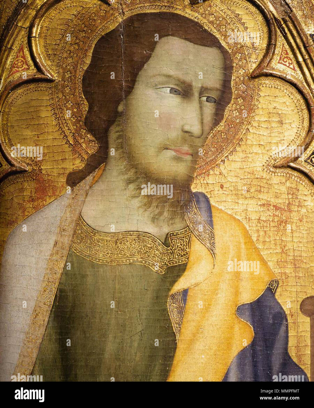 . Italiano: Il dipinto è un pannello che faceva Parte di un polittico, precocemente smembrato e Disperso, un Tempo nella Chiesa del Castello di Casaluce. Der hl. Jakobus (Detail). Zwischen 1355 und 1360. Andrea Vanni, San Giacomo il Lago Maggiore 2 Stockfoto