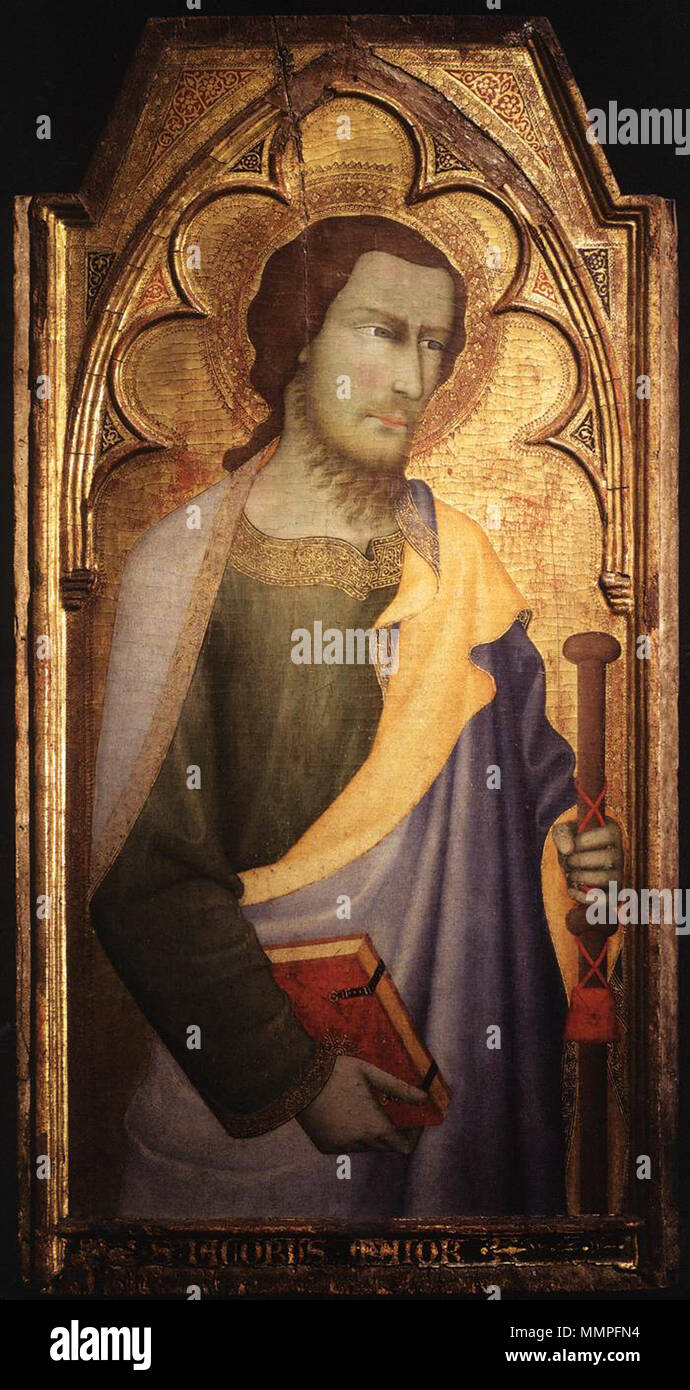 . Italiano: Il dipinto (tempera) è un su tavola pannello che faceva Parte di un polittico, precocemente smembrato e Disperso, un Tempo nella Chiesa del Castello di Casaluce. Der hl. Jakobus. zwischen 1355 und 1360. Andrea Vanni, San Giacomo il Lago Maggiore Stockfoto
