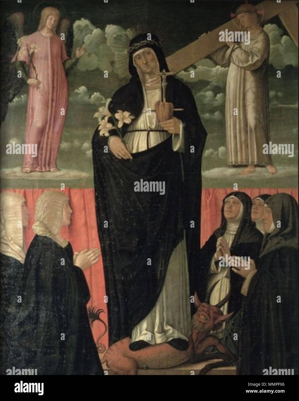 . Englisch: Gemälde von Francesco Bonsignori der Beata Osanna Andreasi Holding eine Lilie in ihrer rechten Hand, einem Herzen und Kruzifix in ihrer linken und Trampling ein Dämon. Sie wird von zwei weiblichen Laien und drei Dominikanerinnen verehrt. Die zweite kniende Figur von der Linken hat als ein Porträt von Isabella d'Este, von denen eine Studie im British Museum (n identifiziert. 1895-9 -15-470). (U. B.Schmitt, "BONSIGNORI, Francesco, DBI; BM aufnehmen und das Image der Zeichnung der Isabella d'Este) Francesco Bonsignori, 'La beata Osanna' (Ady version) Stockfoto