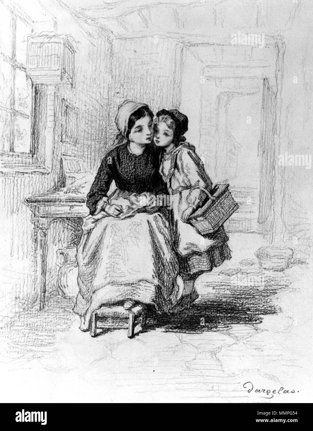 37.1610 André-Henri Dargelas (Französisch, 1828-1906). "Interieur mit Mutter und Tochter, "Ca. 1860. Graphit und Aquarell auf Sahne, mäßig dick, mäßig strukturierten Bütten. Walters Art Museum (37.1610): Erworben durch William T. Walters. André-Henri Dargelas - Innenraum mit Mutter und Tochter - Walters 371610 Stockfoto