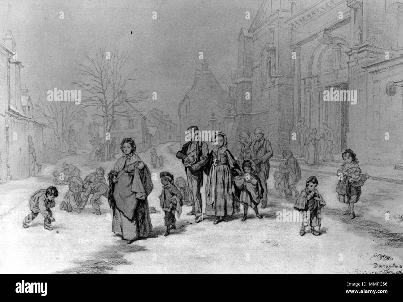 37.1317 André-Henri Dargelas (Französisch, 1828-1906). "Die Menschen verlassen die Kirche im Winter", 1828-1906. Aquarell und Graphit mit Weiß gehöht auf Sahne, mäßig dick, mäßig strukturierten webte Papier. Walters Art Museum (37.1317): Erworben durch William T. Walters. André-Henri Dargelas - Menschen verlassen Kirche im Winter - Walters 371317 Stockfoto