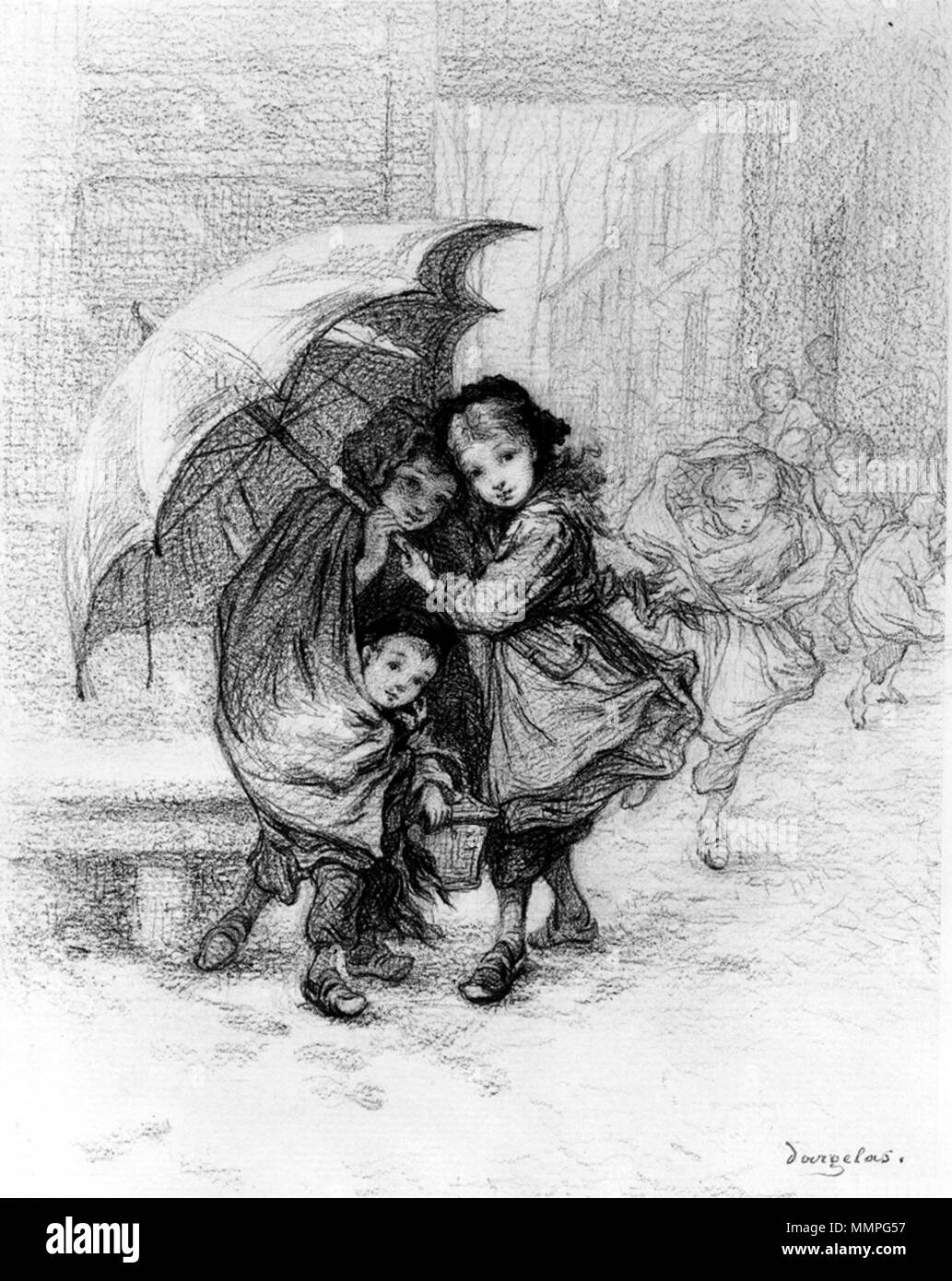 37.1595 André-Henri Dargelas (Französisch, 1828-1906). Schule Kinder im Sturm", 1828-1906. Graphit auf leicht strukturierte, mäßig-Dichten, cremefarbenen Papier gelegt. Walters Art Museum (37.1595): Erworben durch William T. Walters. André-Henri Dargelas - Schule Kinder in einem Sturm - Walters 371595 Stockfoto