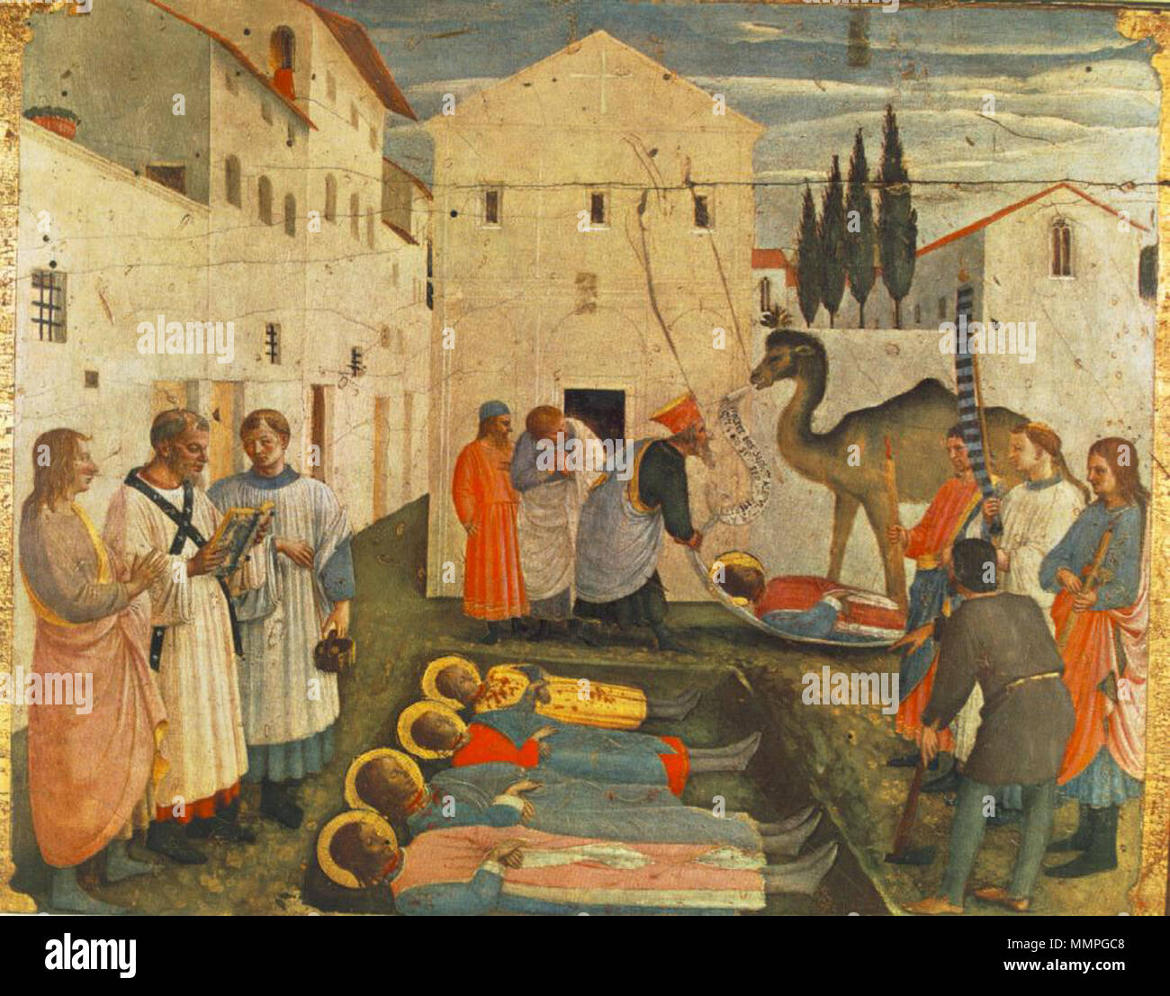. Sepulchring St. Cosmas und St. Damian Tempera auf Holz, 37 x 45 cm Museo di San Marco, Florenz Sepulchring St. Cosmas und St. Damian. 1438-40. Siehe Dateiname oder Kategorie Angelico, predella dei Santi Cosma e Damiano da Pala di San Marco, sepoltura Stockfoto